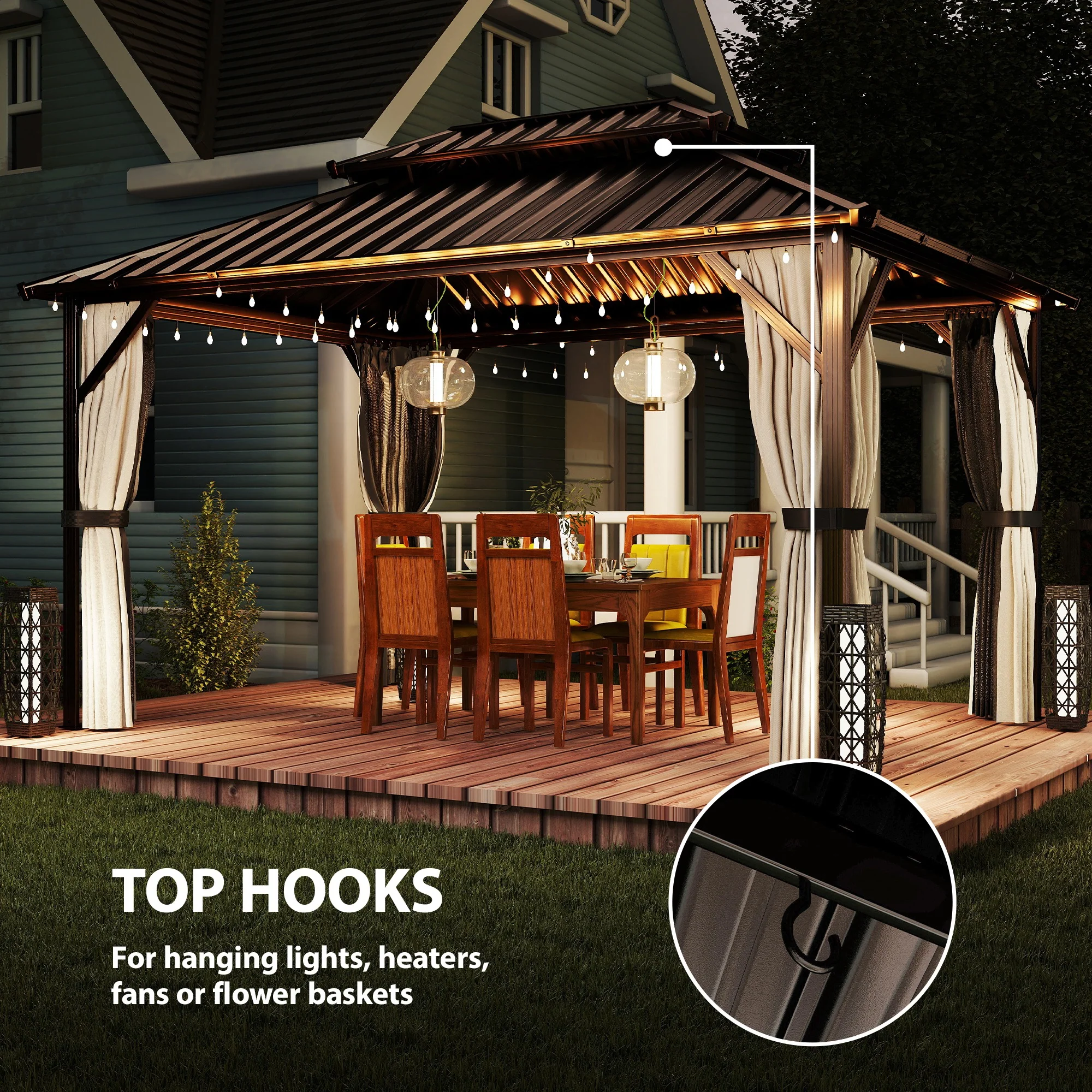 10' x 14' Hardtop Gazebo with Curtains and Netting, Brown - Image 10