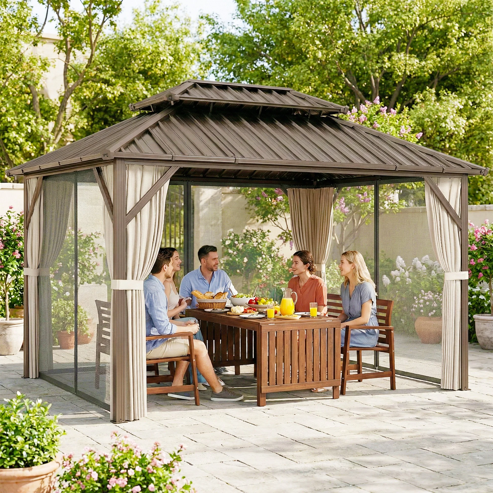 10' x 14' Hardtop Gazebo with Curtains and Netting, Brown - Image 11