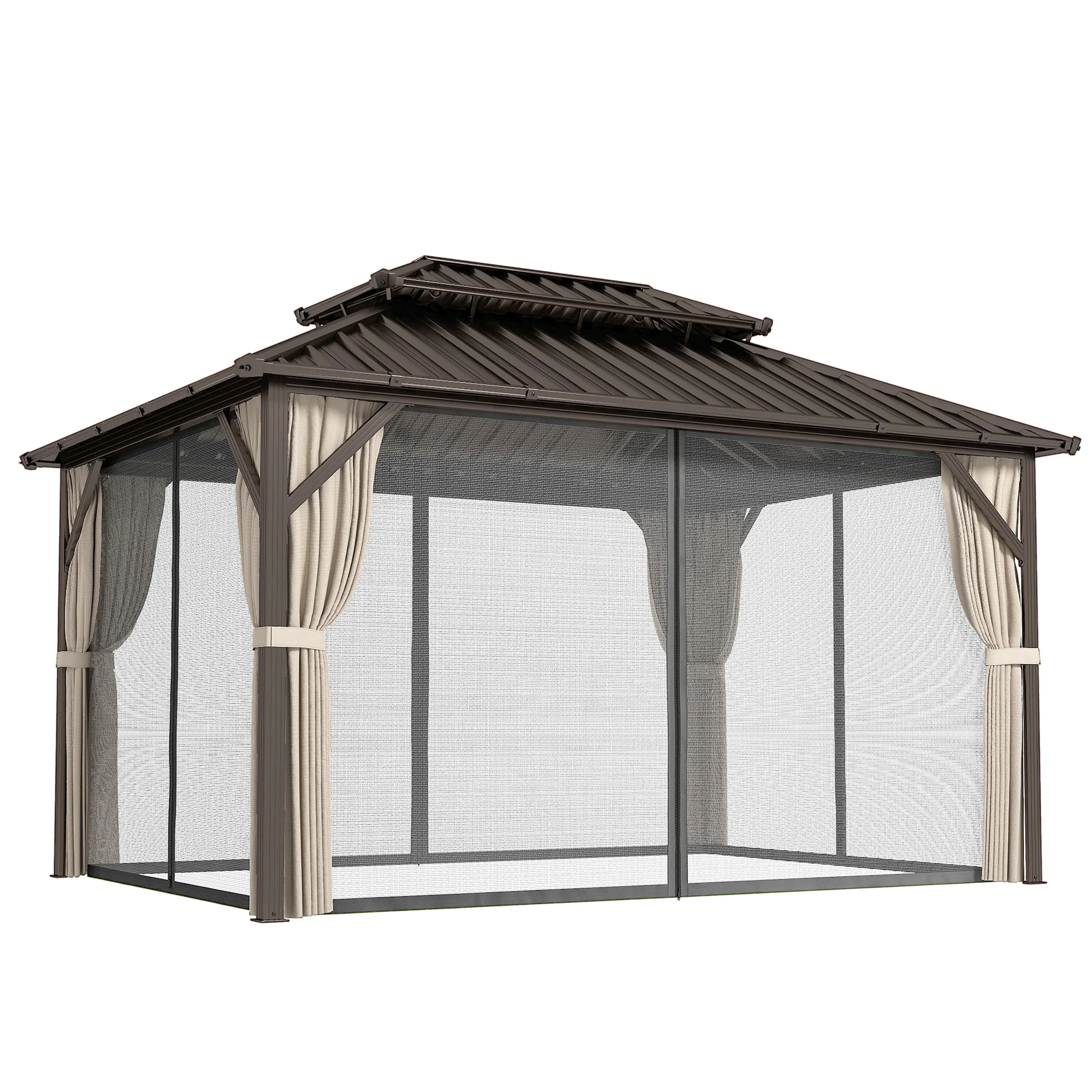 10' x 14' Hardtop Gazebo with Curtains and Netting, Brown - Image 12