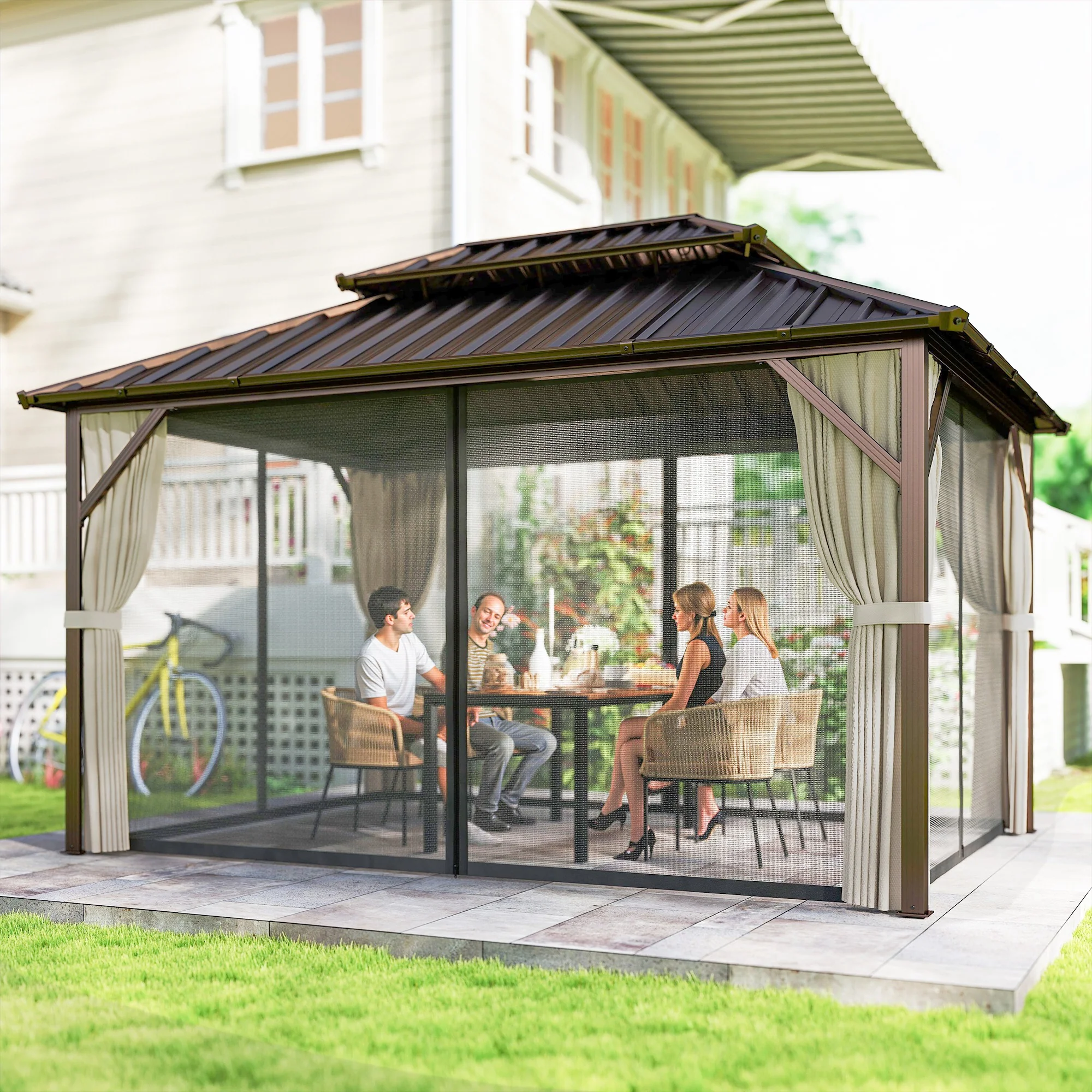 10' x 14' Hardtop Gazebo with Curtains and Netting, Brown - Image 3