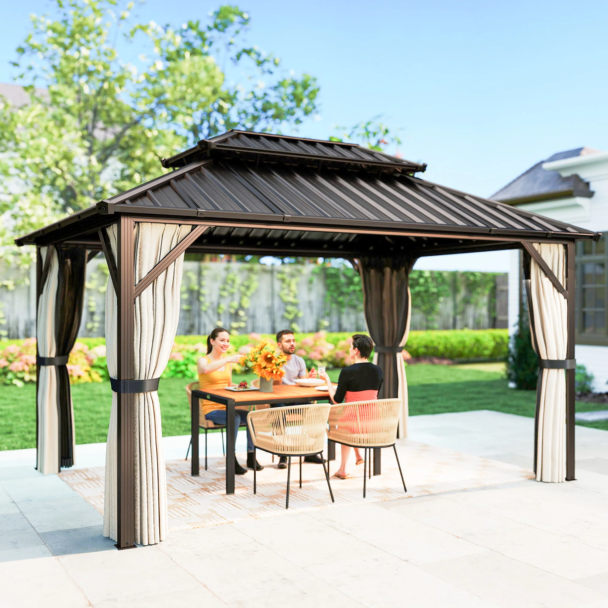 10' x 14' Hardtop Gazebo with Curtains and Netting, Brown - Image 4
