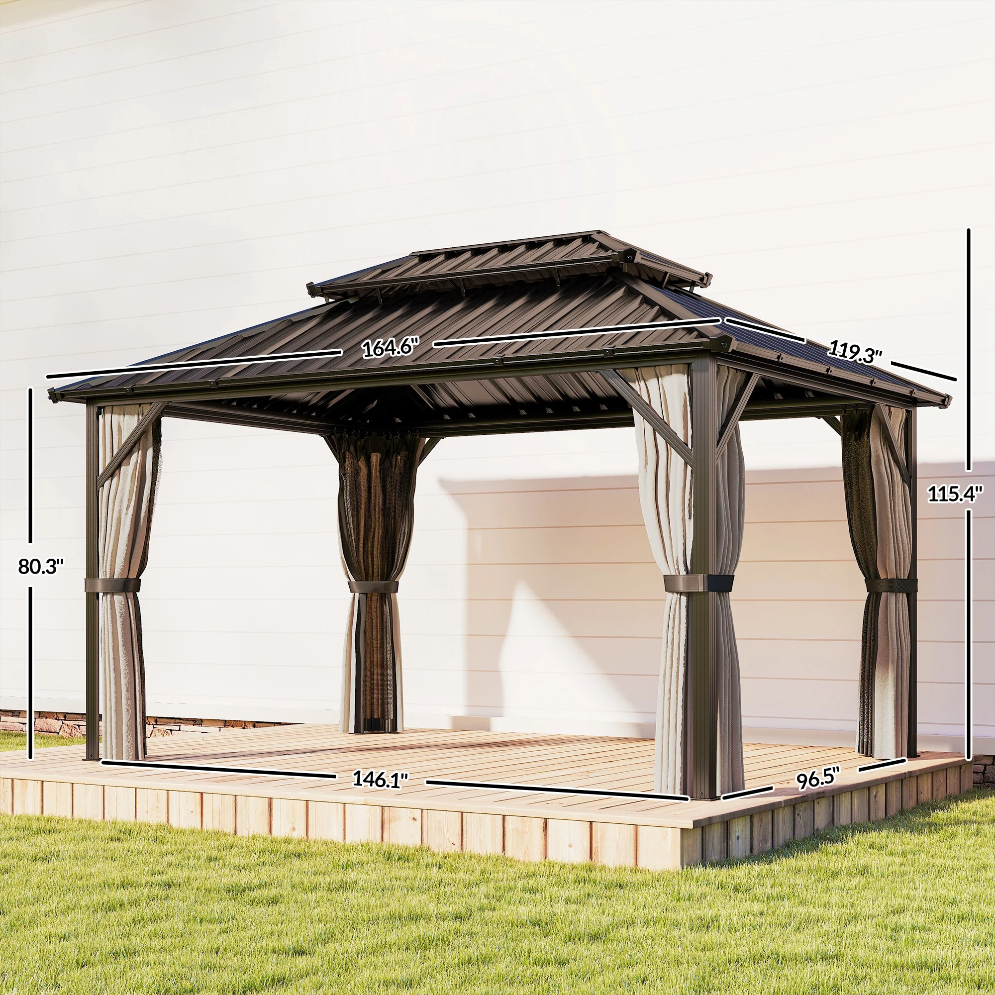10' x 14' Hardtop Gazebo with Curtains and Netting, Brown - Image 5