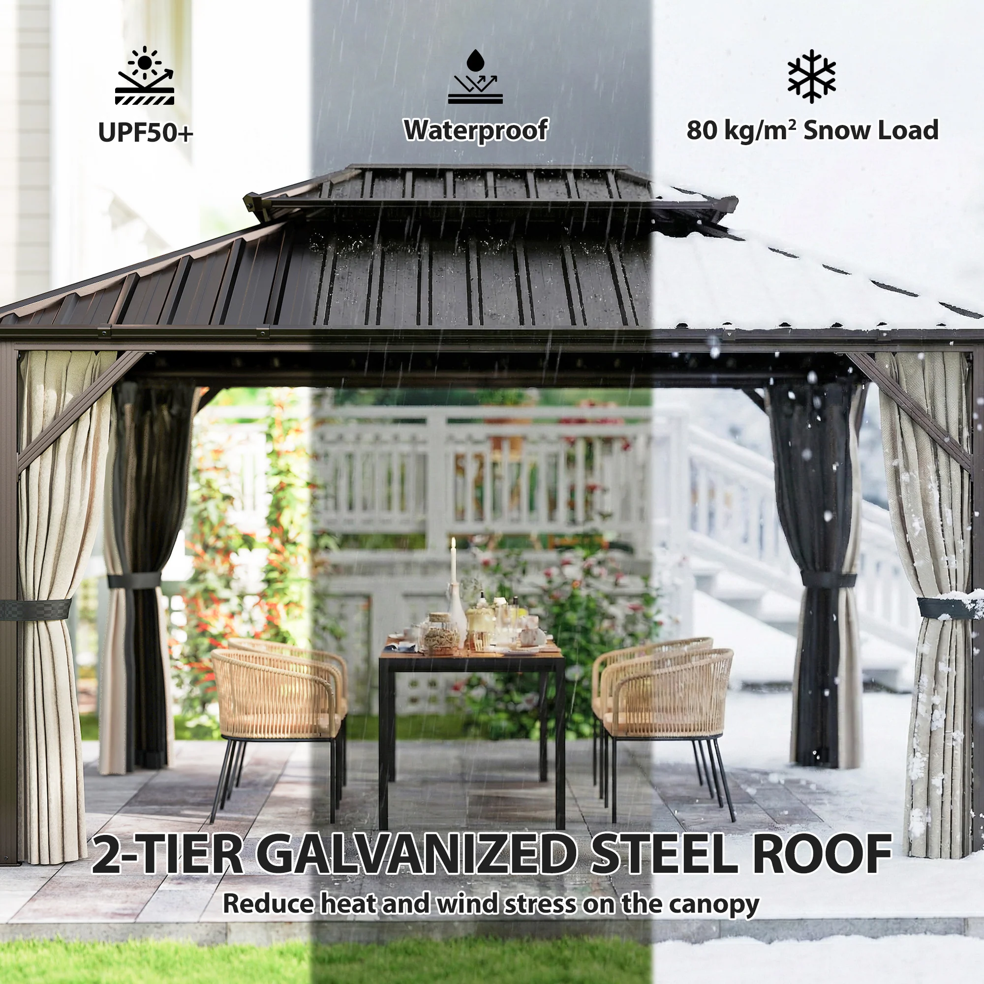 10' x 14' Hardtop Gazebo with Curtains and Netting, Brown - Image 6
