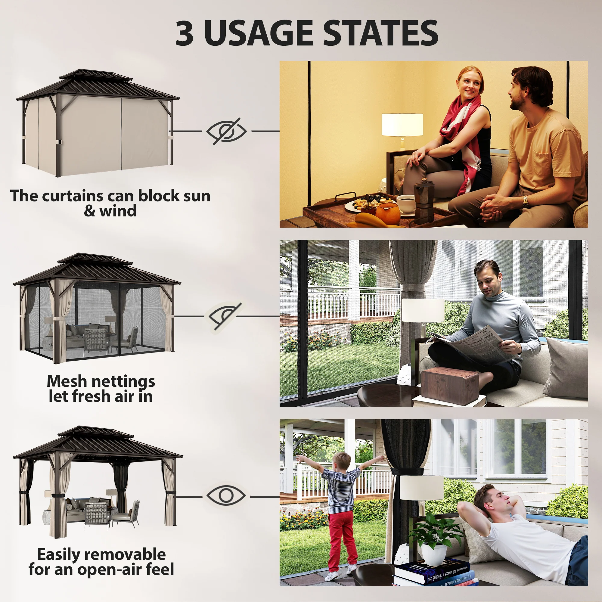 10' x 14' Hardtop Gazebo with Curtains and Netting, Brown - Image 8