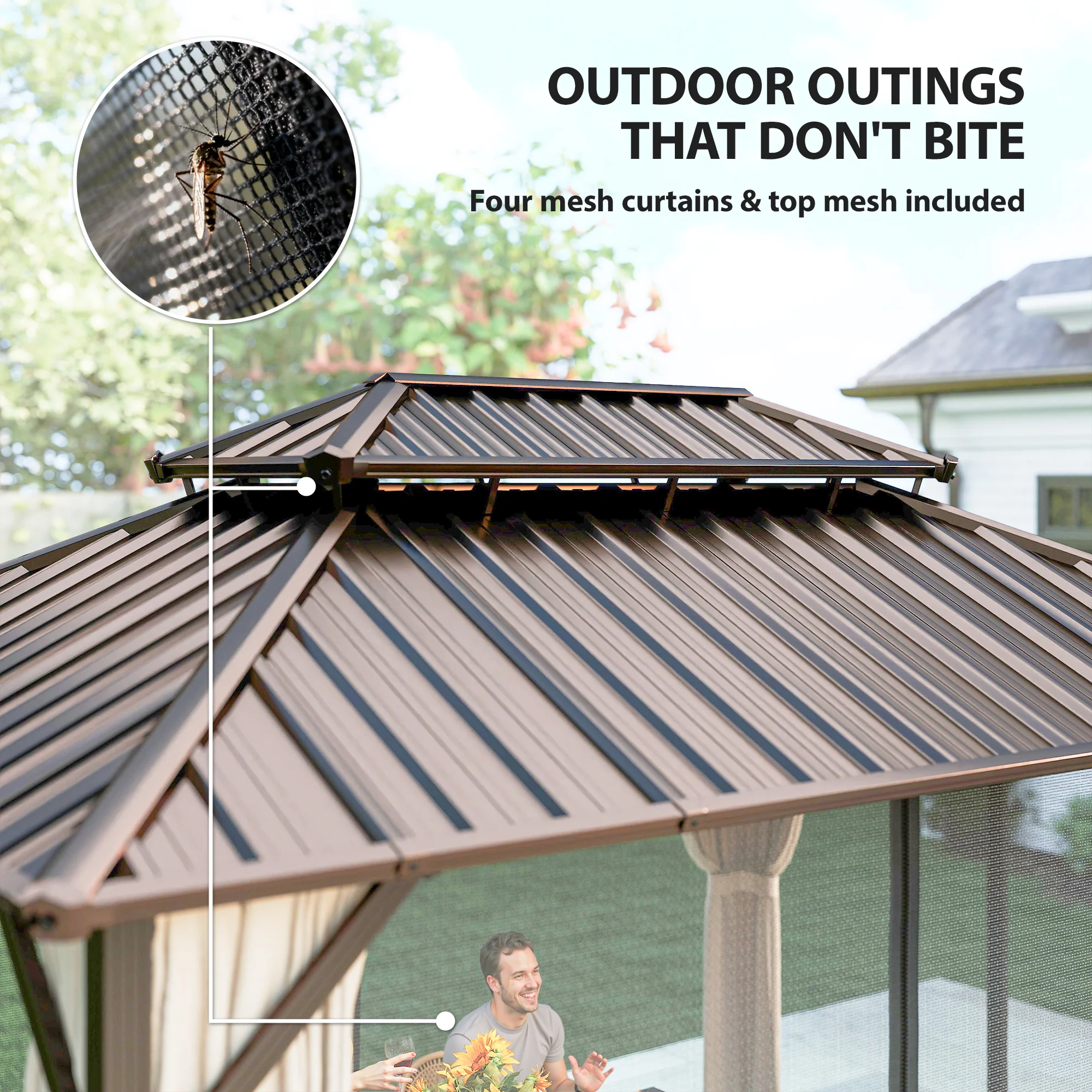 10' x 14' Hardtop Gazebo with Curtains and Netting, Brown - Image 9