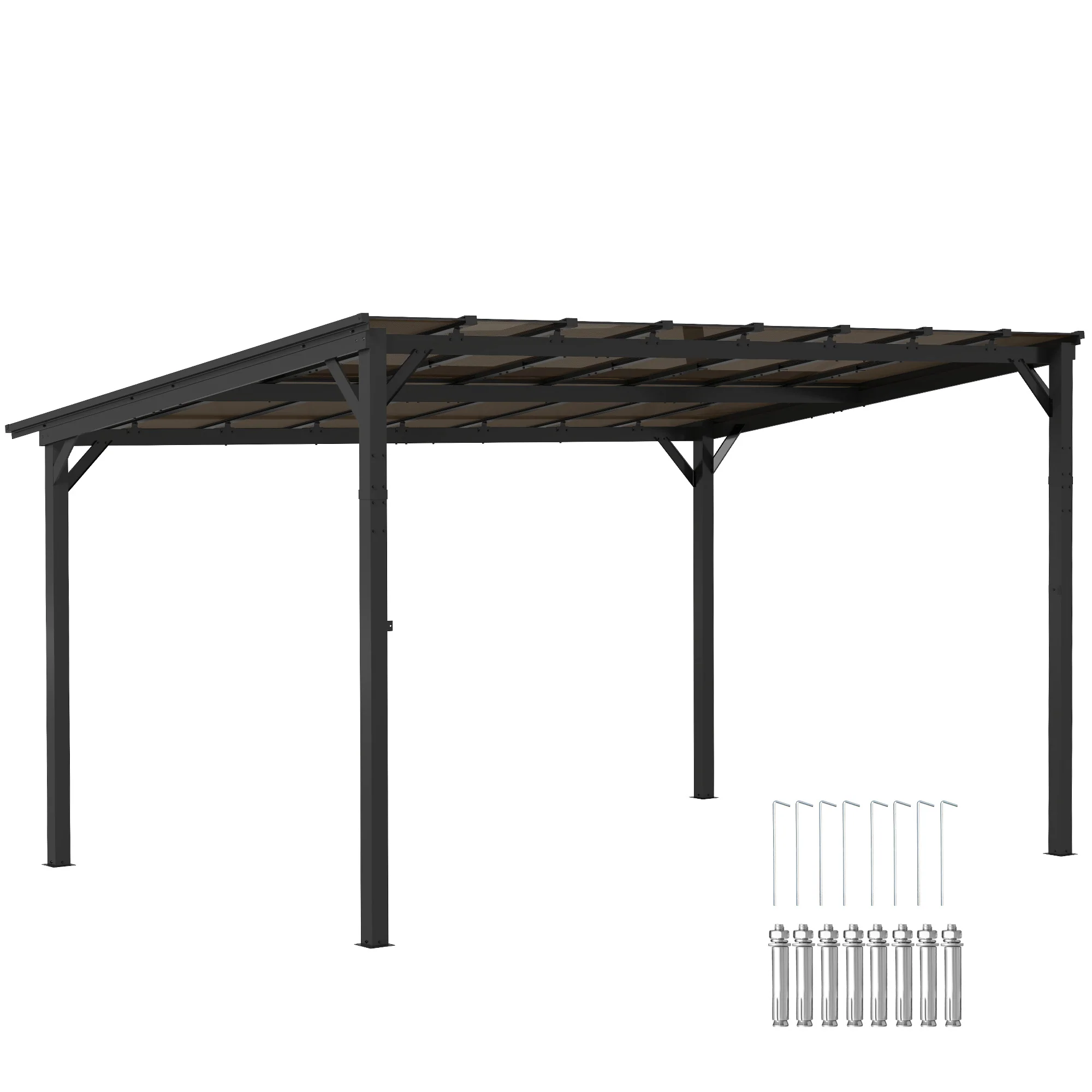 10' x 14' Wall-Mounted / Free Standing Outdoor Pergola with Polycarbonate Roof, Dark Grey