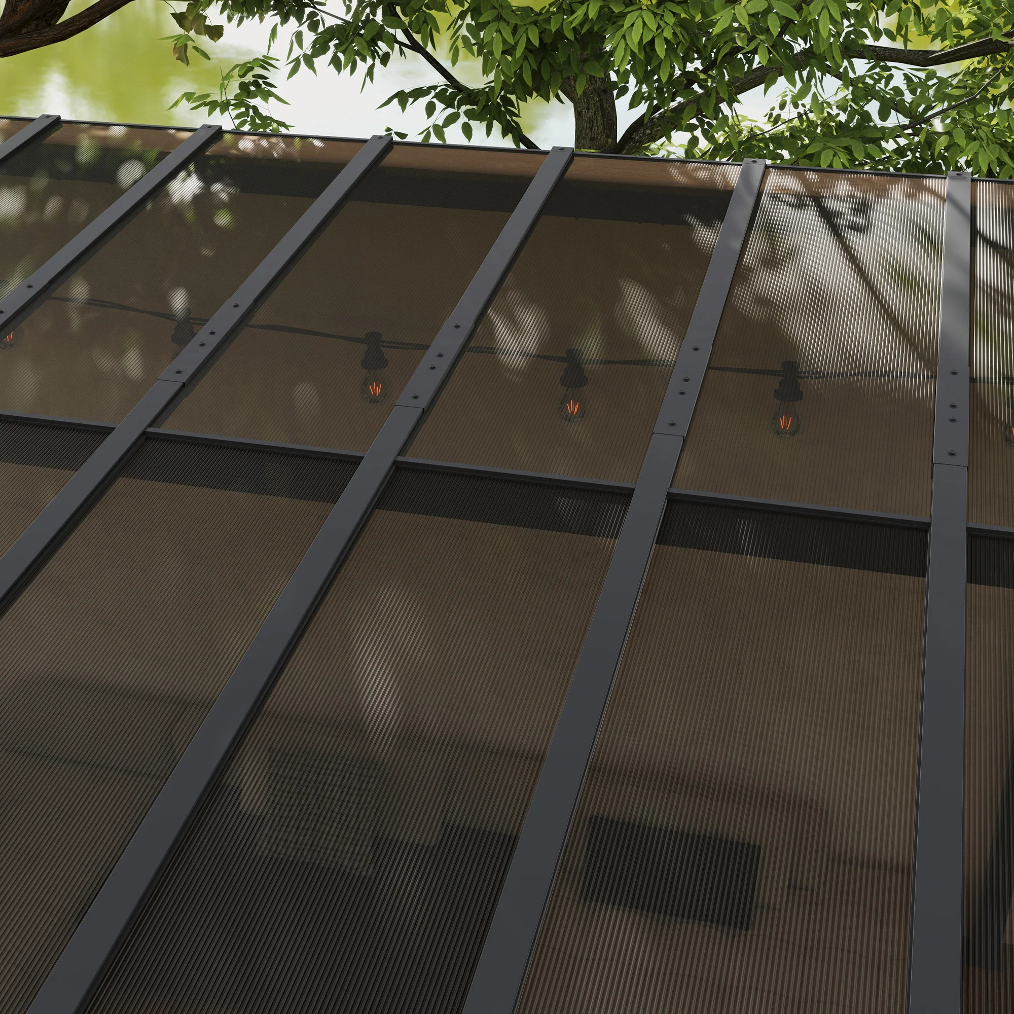 10' x 14' Wall-Mounted / Free Standing Outdoor Pergola with Polycarbonate Roof, Dark Grey - Image 10