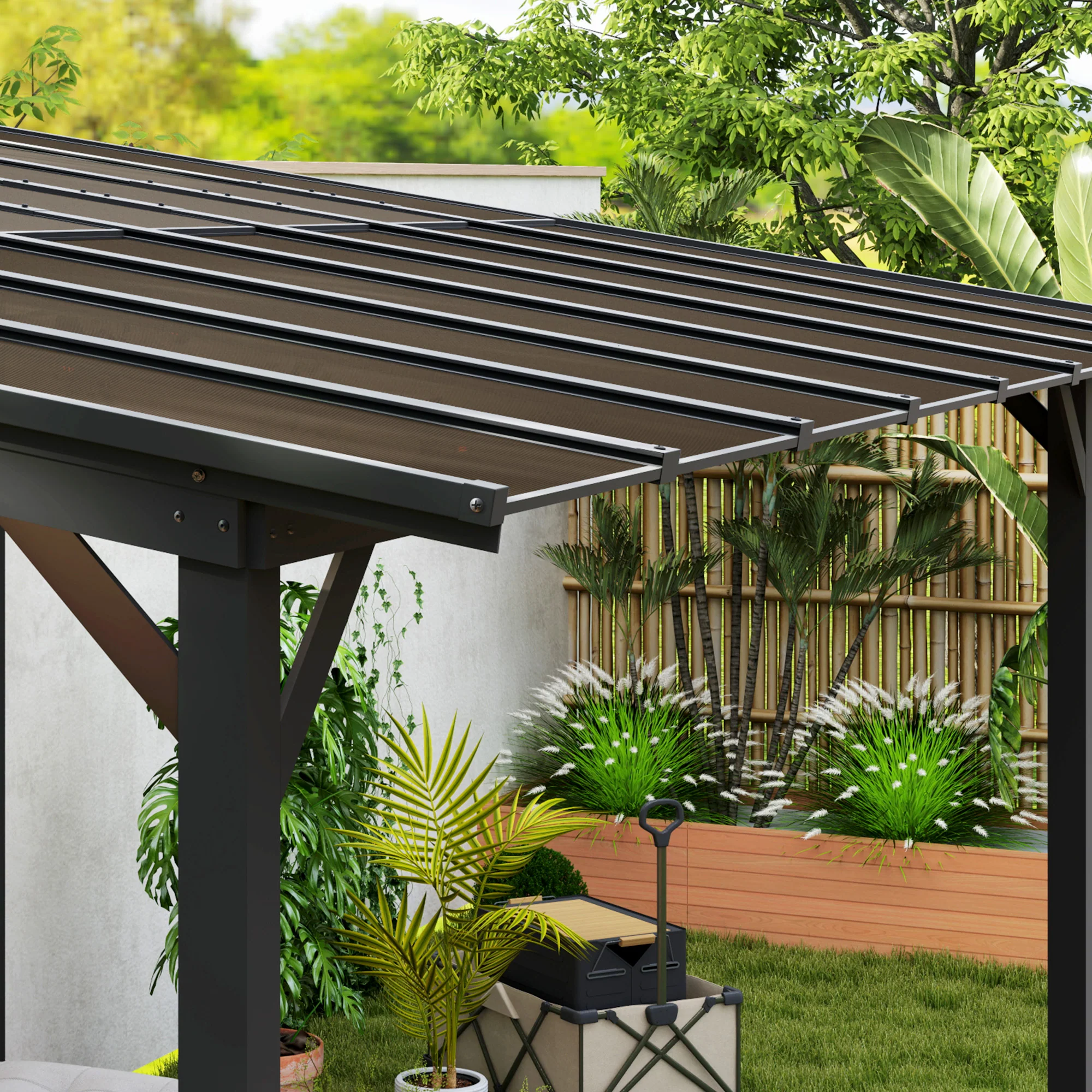 10' x 14' Wall-Mounted / Free Standing Outdoor Pergola with Polycarbonate Roof, Dark Grey - Image 11