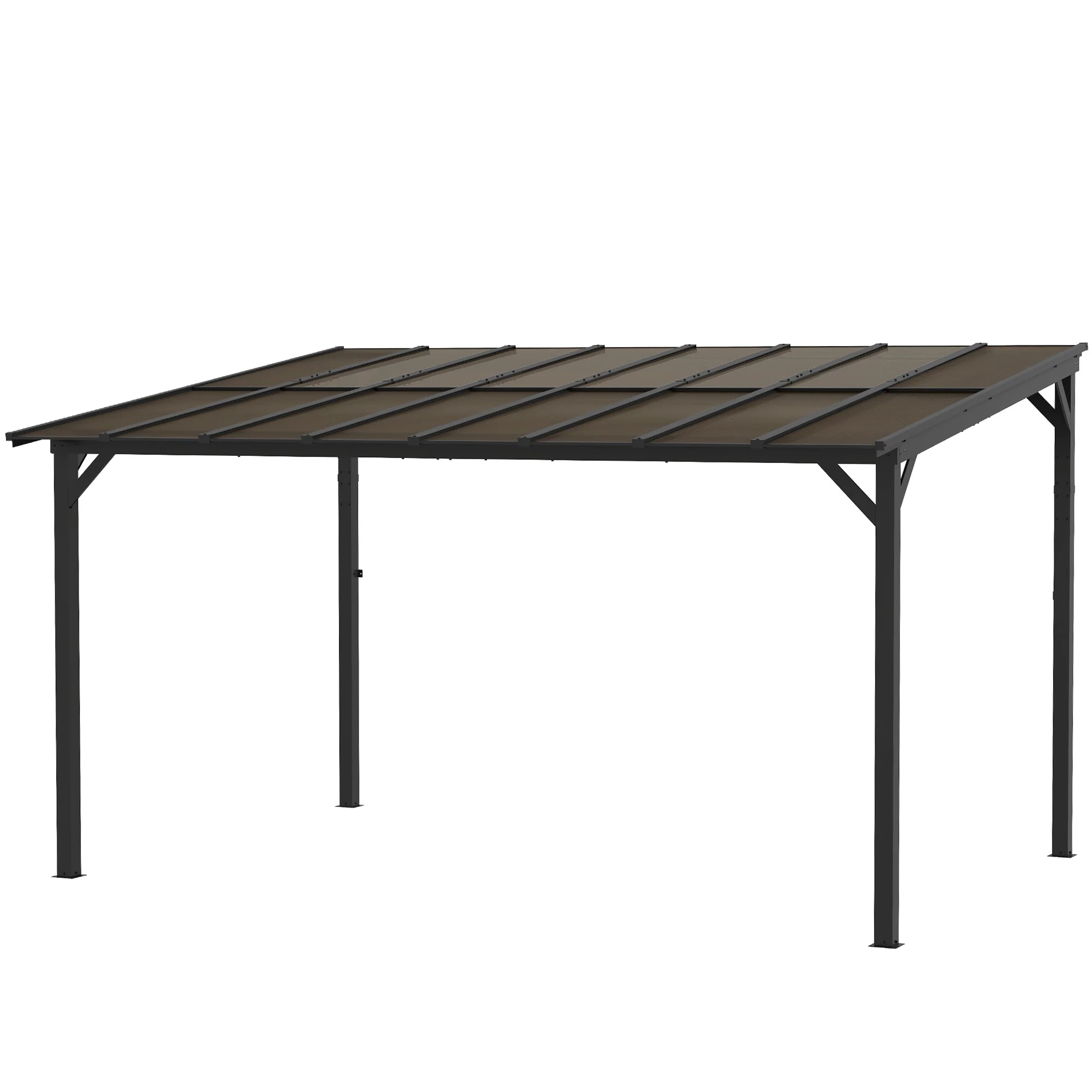 10' x 14' Wall-Mounted / Free Standing Outdoor Pergola with Polycarbonate Roof, Dark Grey - Image 2