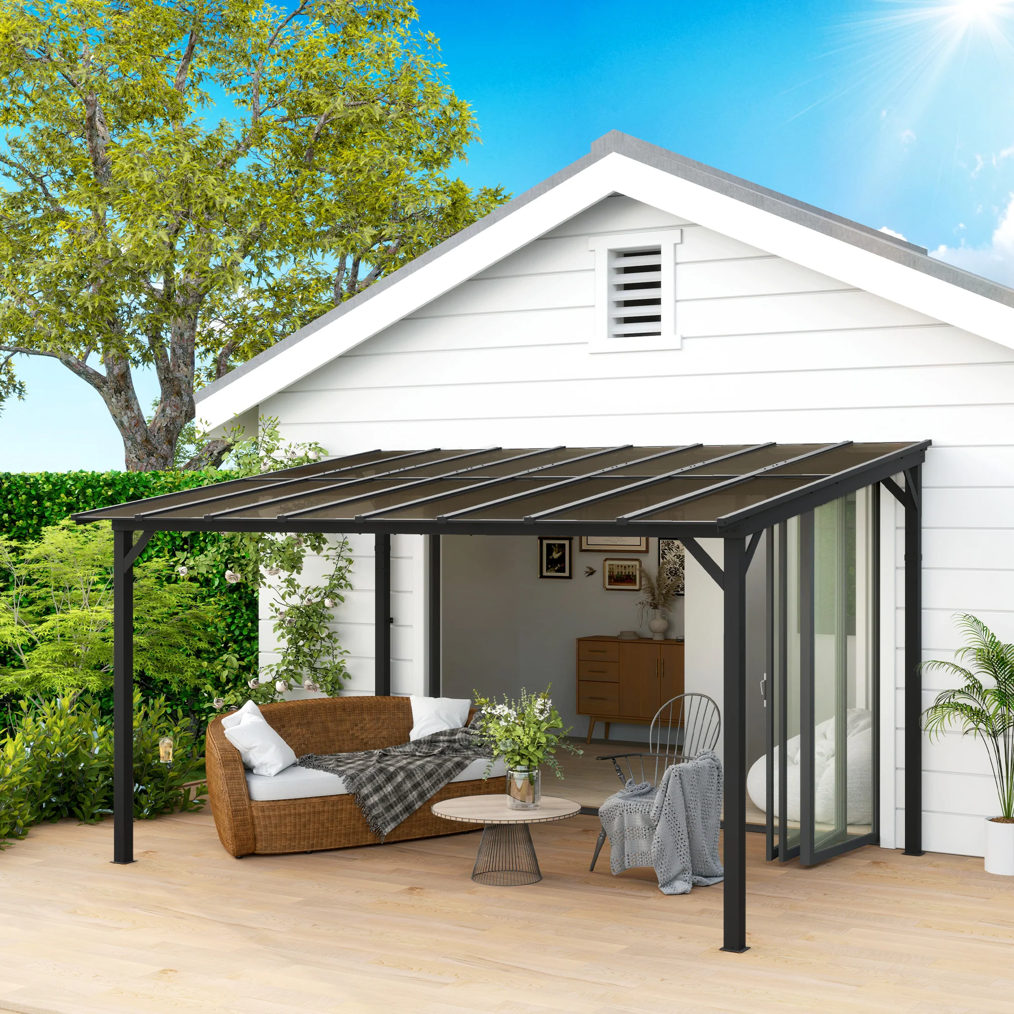 10' x 14' Wall-Mounted / Free Standing Outdoor Pergola with Polycarbonate Roof, Dark Grey - Image 3