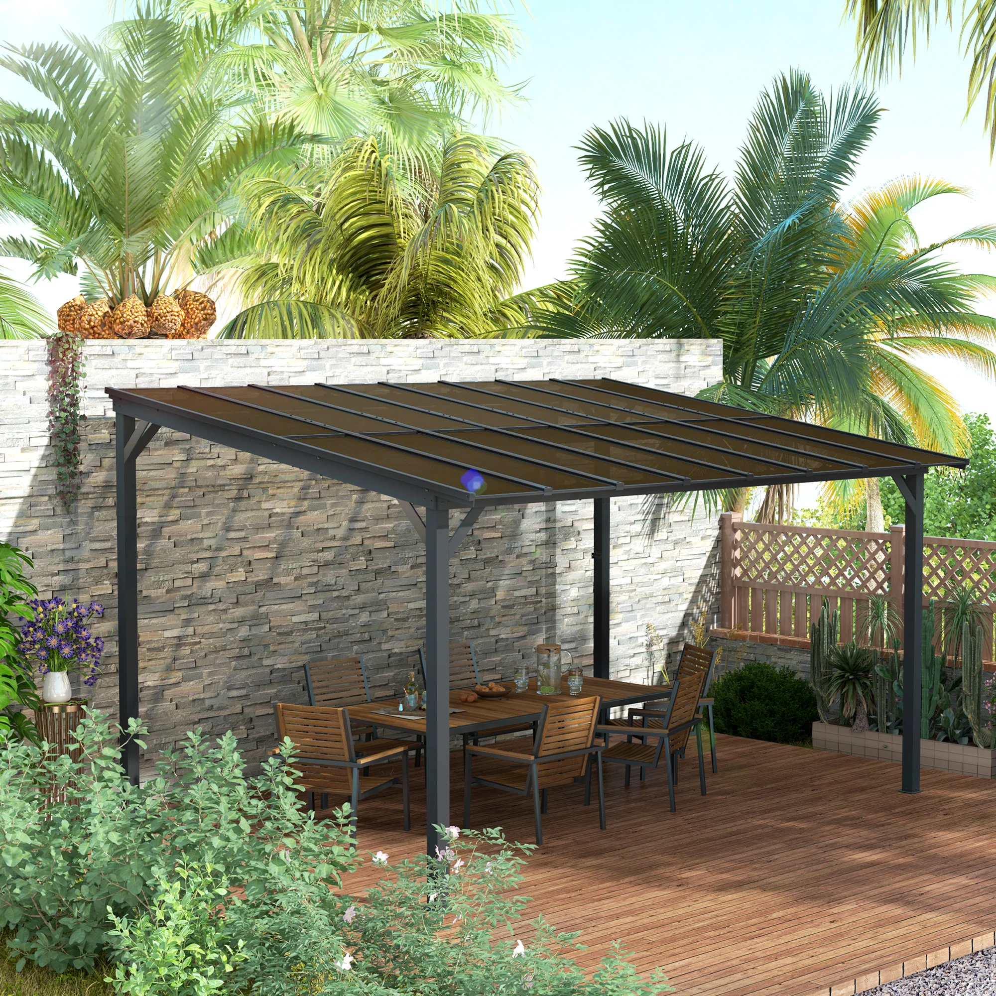 10' x 14' Wall-Mounted / Free Standing Outdoor Pergola with Polycarbonate Roof, Dark Grey - Image 4