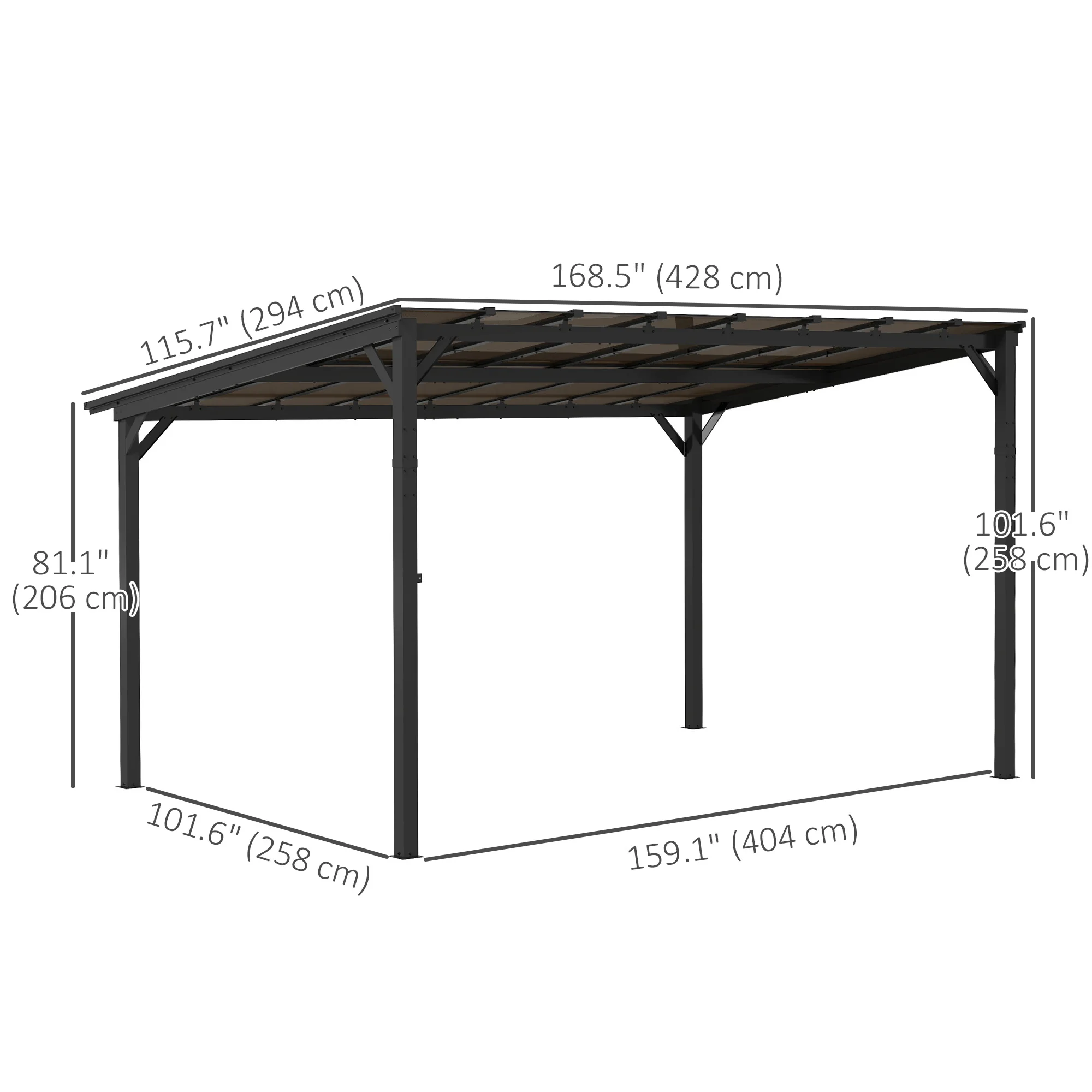 10' x 14' Wall-Mounted / Free Standing Outdoor Pergola with Polycarbonate Roof, Dark Grey - Image 5