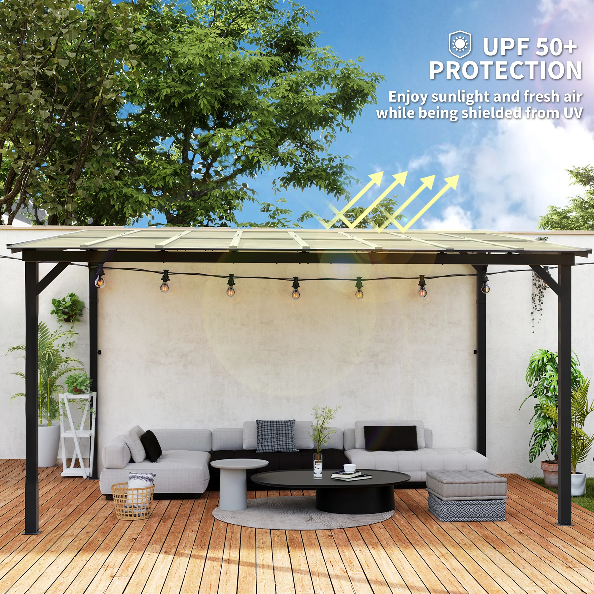 10' x 14' Wall-Mounted / Free Standing Outdoor Pergola with Polycarbonate Roof, Dark Grey - Image 6