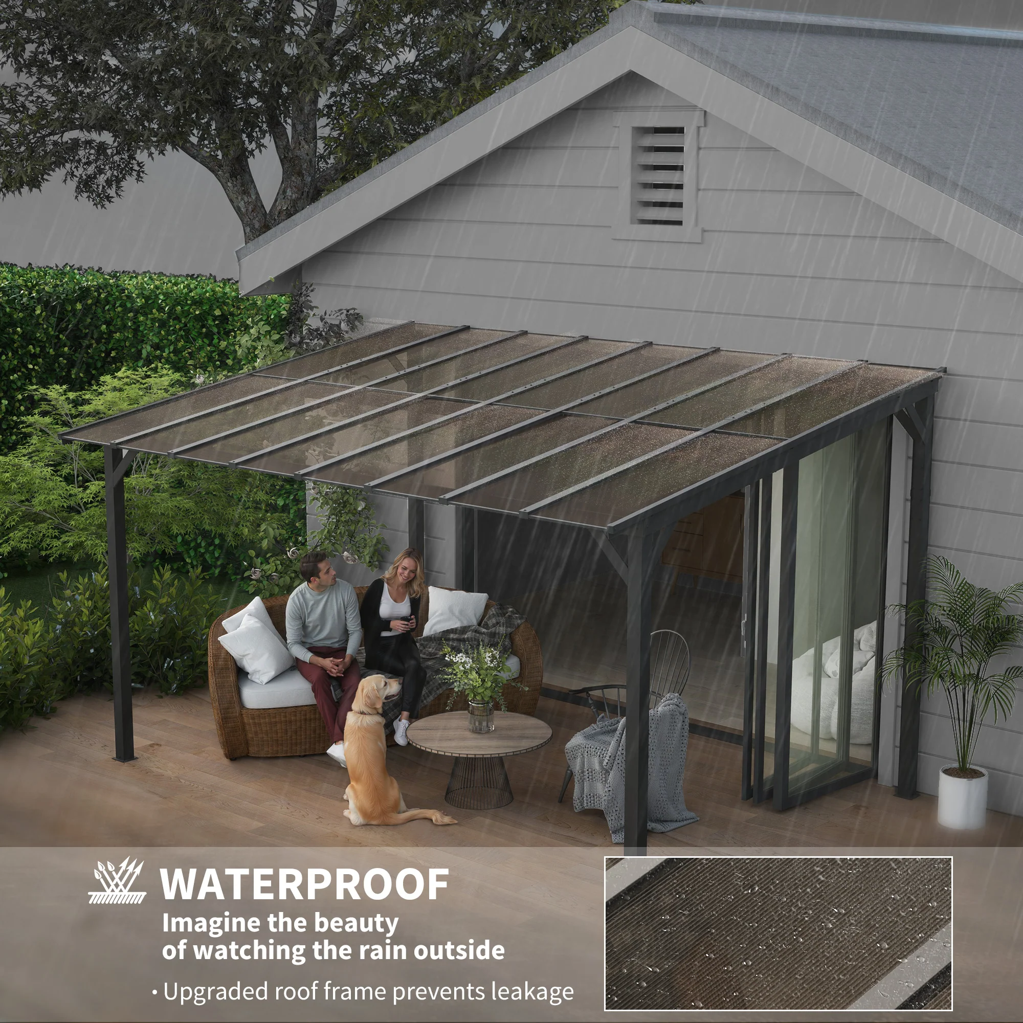 10' x 14' Wall-Mounted / Free Standing Outdoor Pergola with Polycarbonate Roof, Dark Grey - Image 7