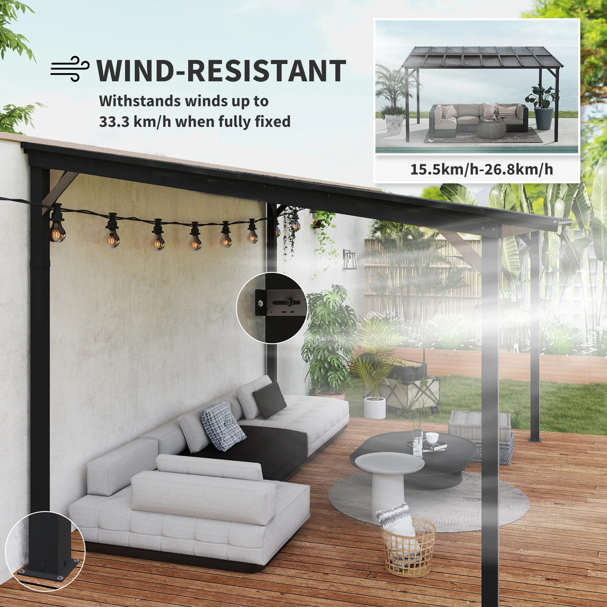 10' x 14' Wall-Mounted / Free Standing Outdoor Pergola with Polycarbonate Roof, Dark Grey - Image 8