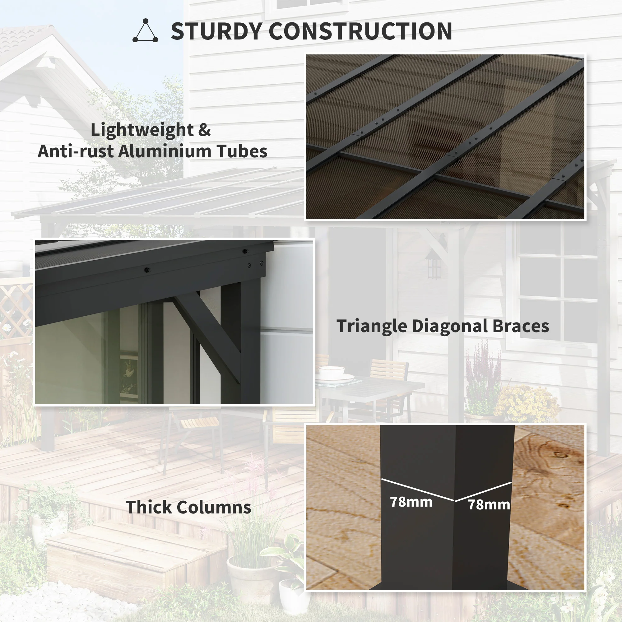 10' x 14' Wall-Mounted / Free Standing Outdoor Pergola with Polycarbonate Roof, Dark Grey - Image 9