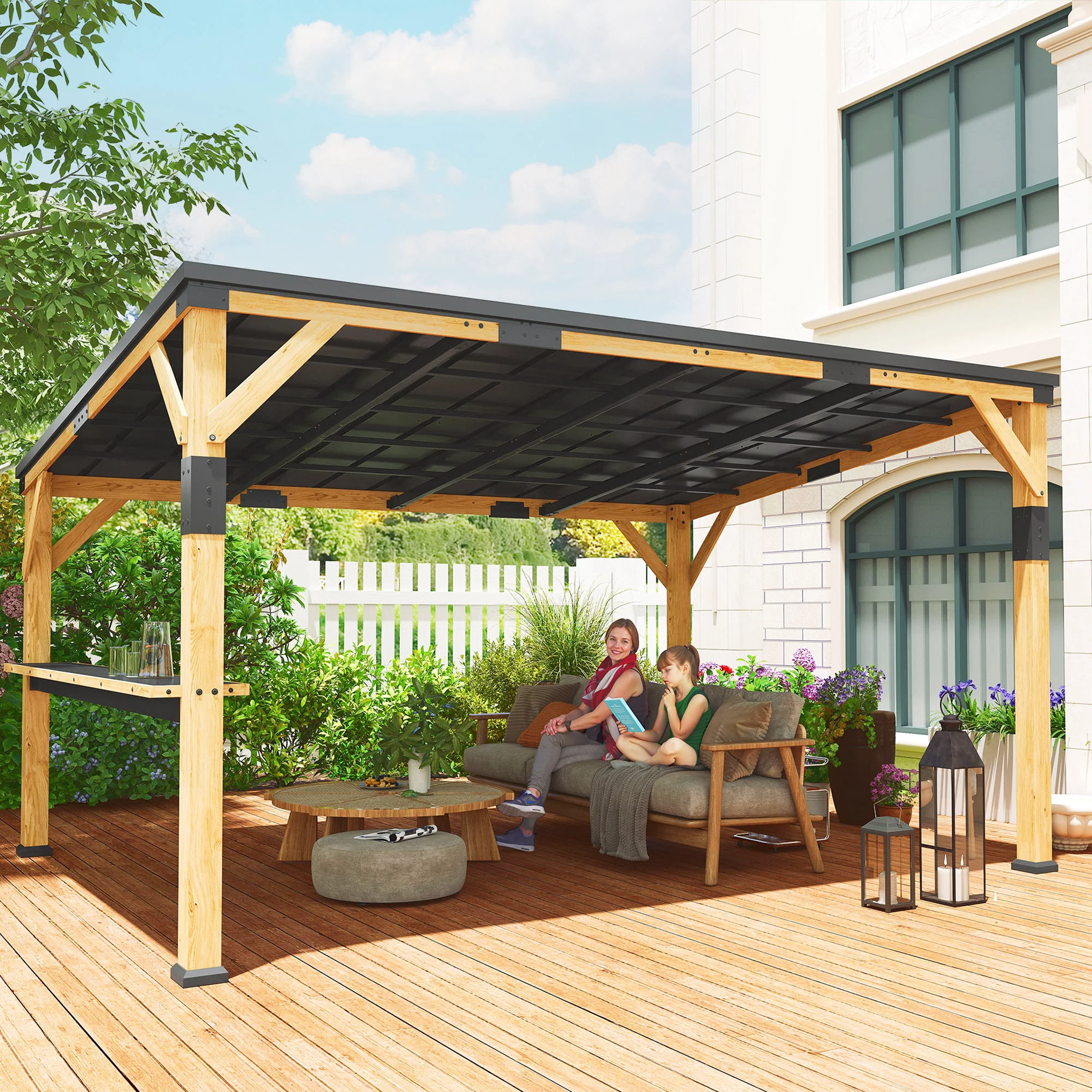 PerArbor 10' x 14' Wooden Lean-to Gazebo with Galvanized Steel Sloped Roof and Bar Shelf - Image 3