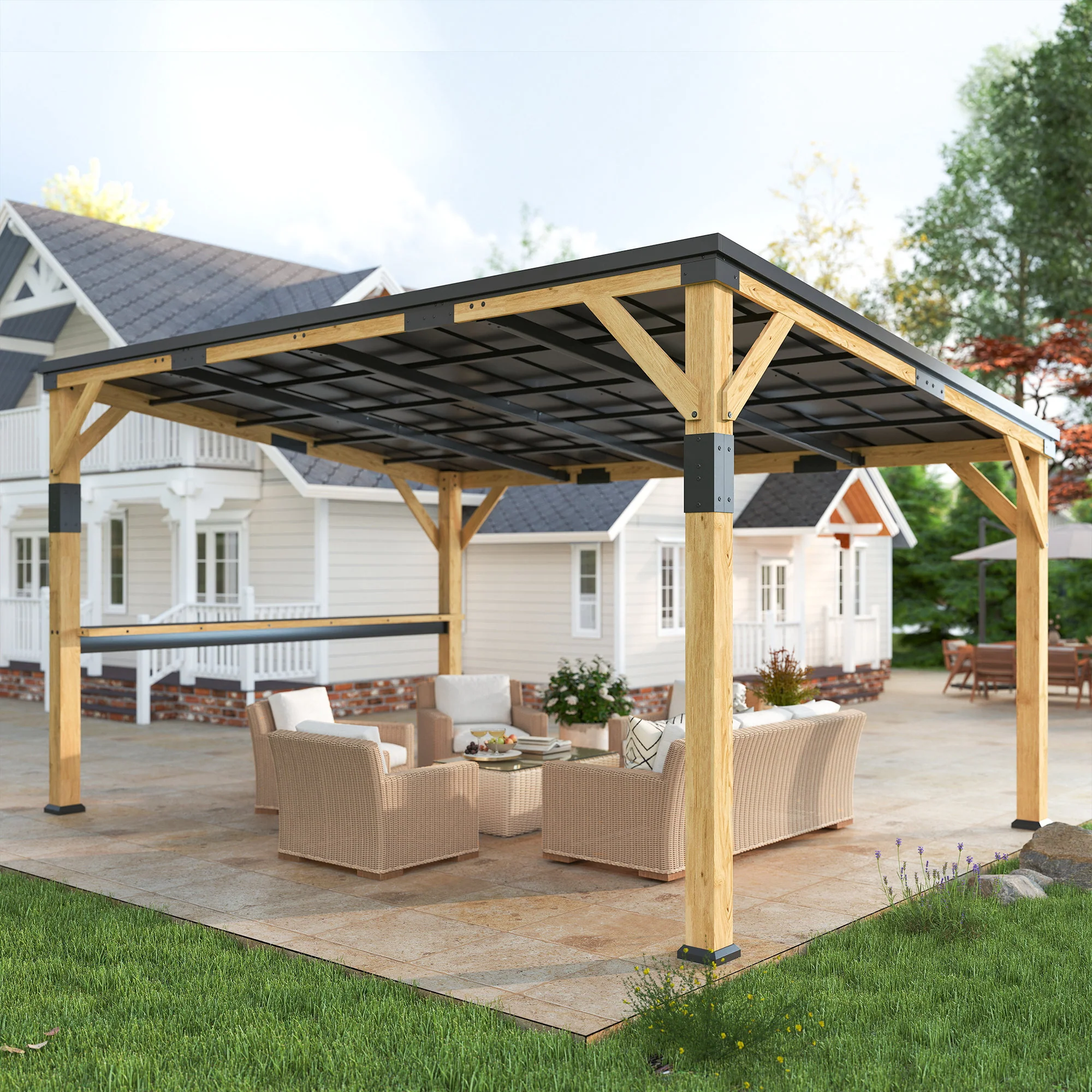PerArbor 10' x 14' Wooden Lean-to Gazebo with Galvanized Steel Sloped Roof and Bar Shelf - Image 4