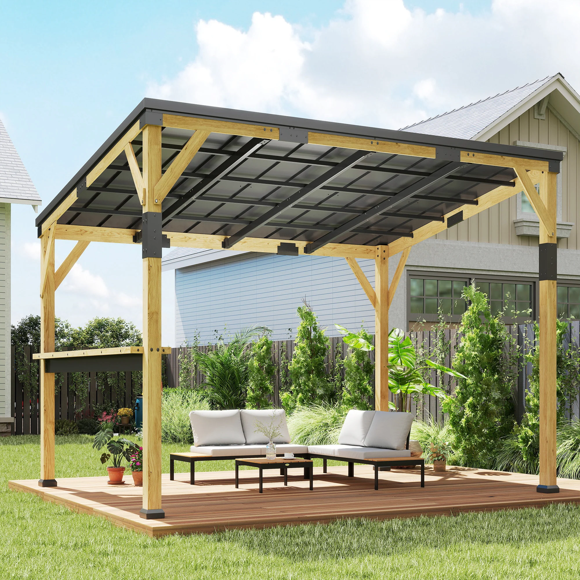PerArbor 10' x 14' Wooden Lean-to Gazebo with Galvanized Steel Sloped Roof and Bar Shelf - Image 9