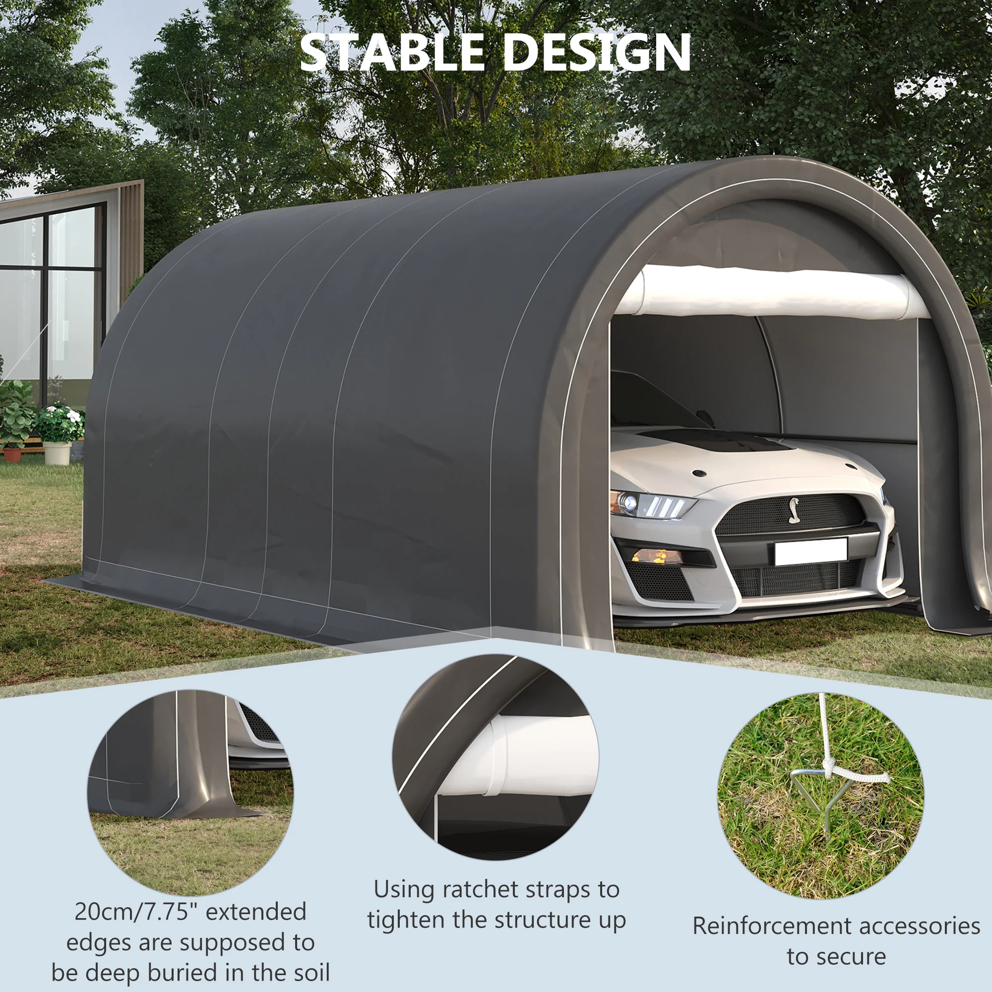 10' x 16' Portable Garage with Zippered Door & Anti UV PE Cover, Grey - Image 7
