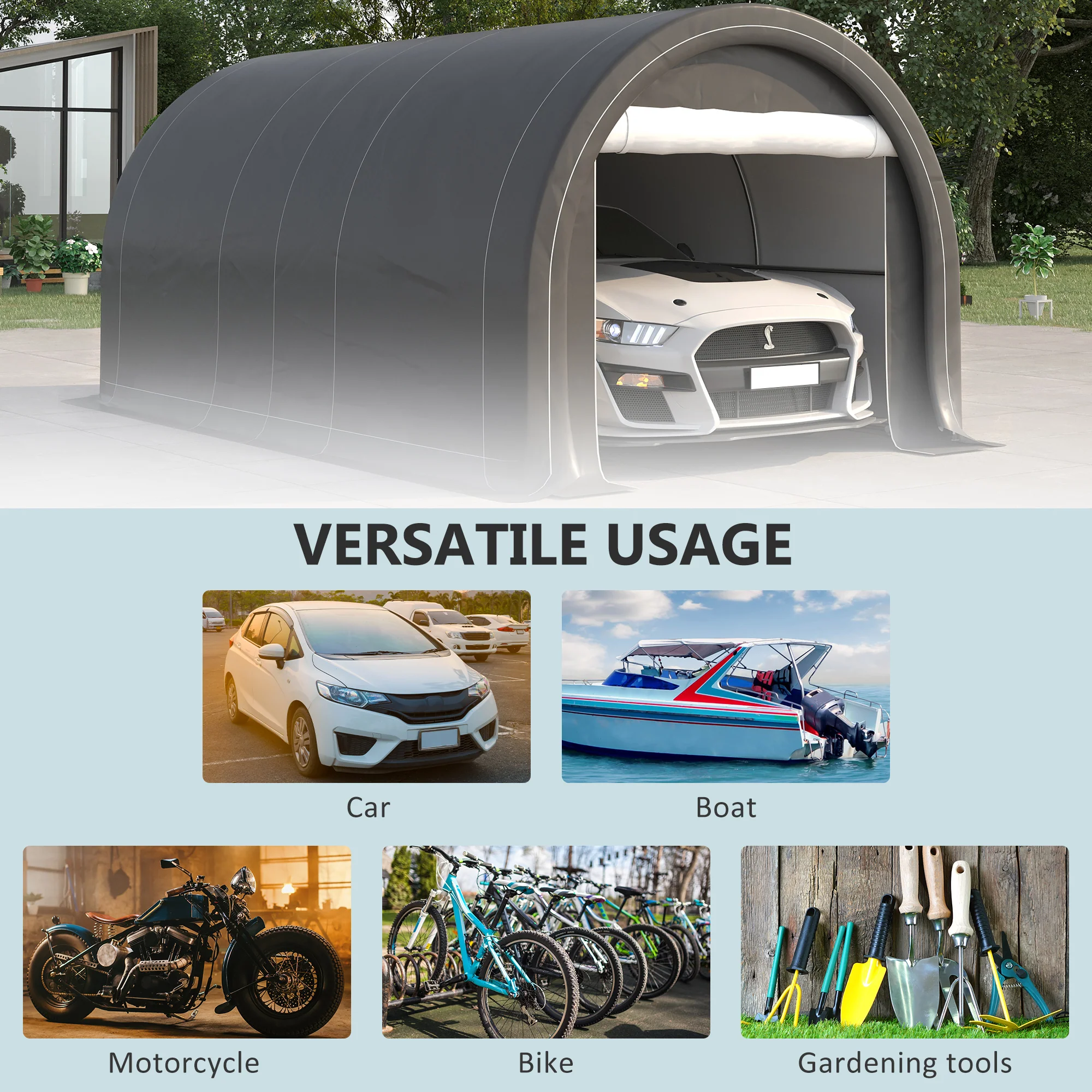 10' x 16' Portable Garage with Zippered Door & Anti UV PE Cover, Grey - Image 9