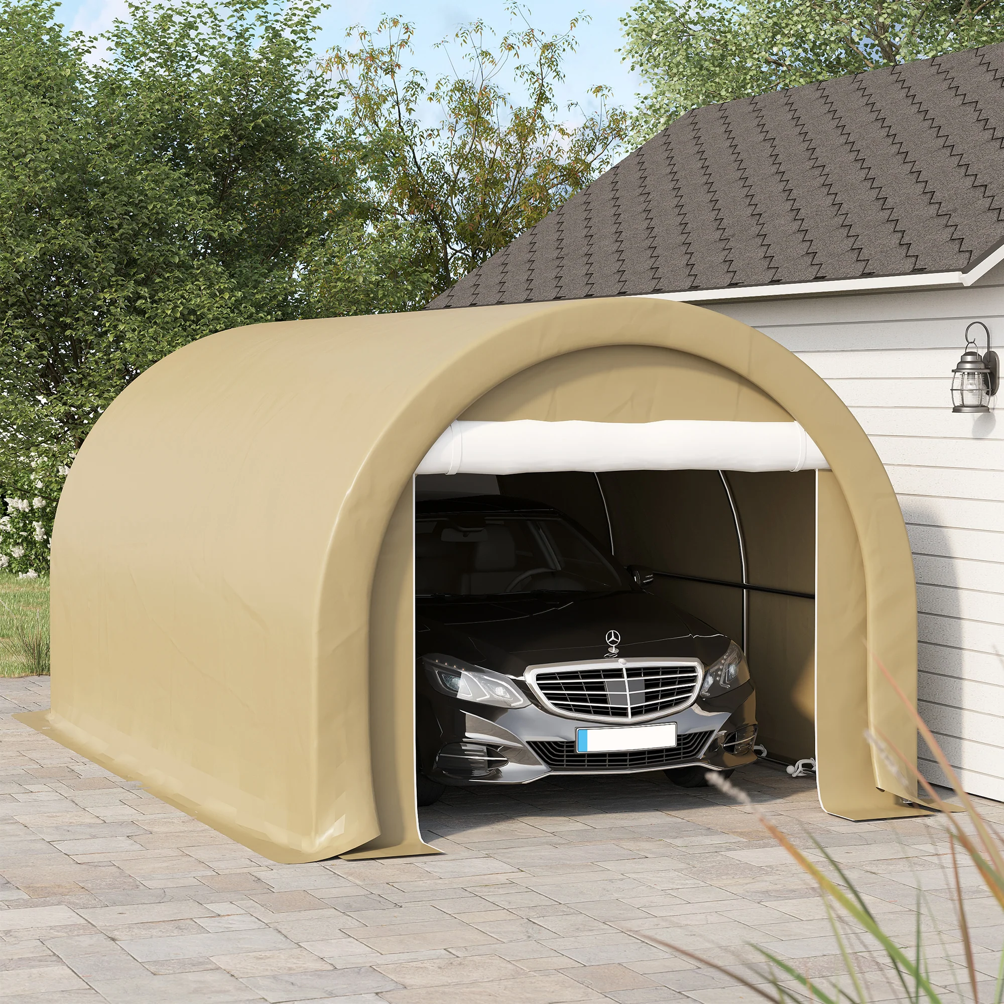 10' x 16' Portable Garage with Zippered Door and Anti-UV PE Cover, Beige - Image 4
