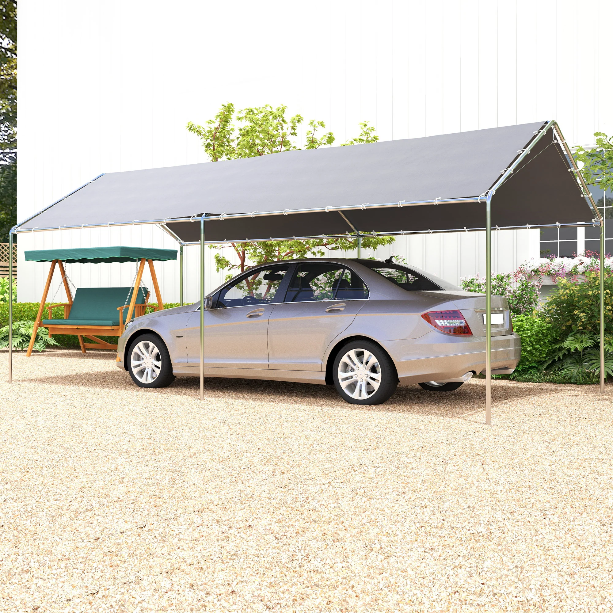 10' x 20' Galvanized Carport with Anchor Kit & Steel Cables, Grey - Image 3