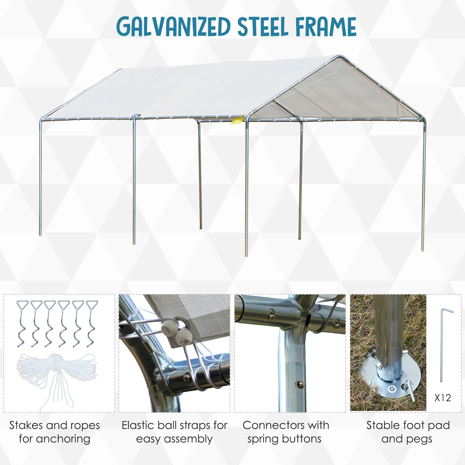 10' x 20' Galvanized Carport with Anchor Kit & Steel Cables, White - Image 7