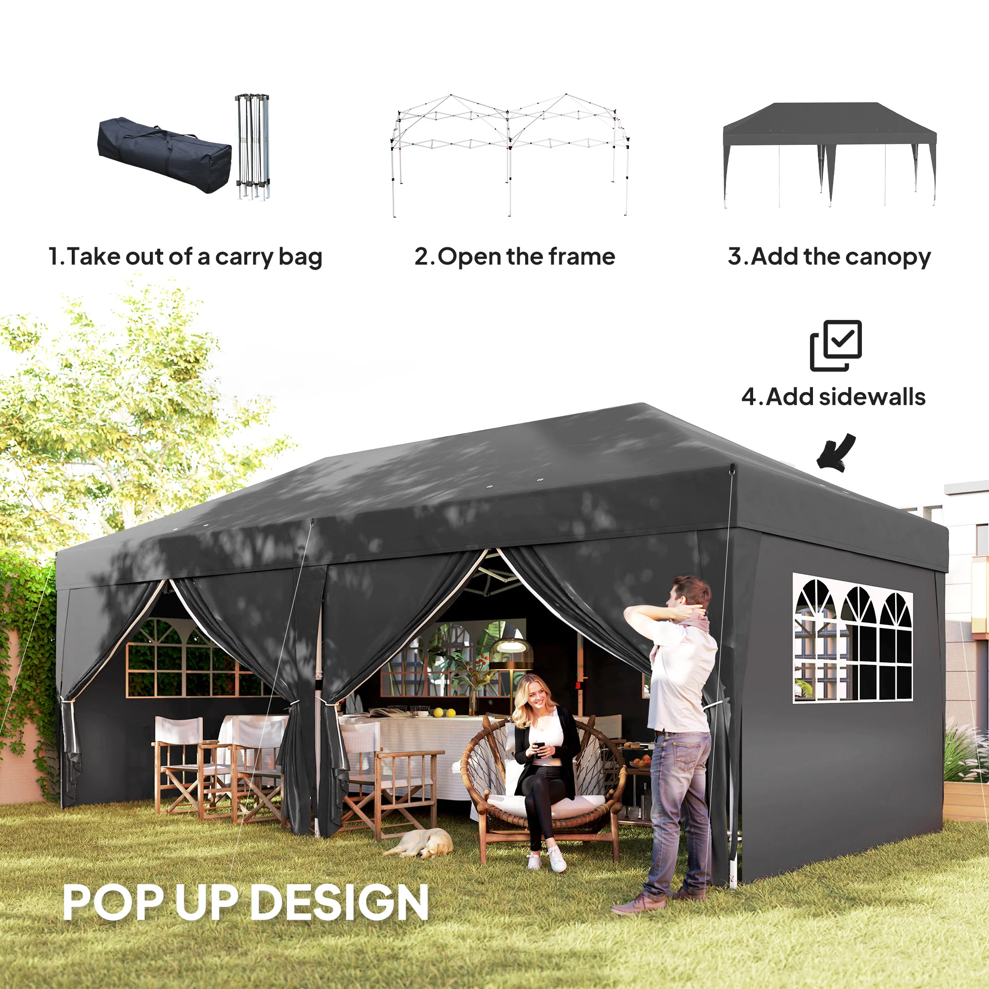 10' x 20' Pop Up Canopy with 6 Walls & Steel Frame, Easy Assemble with Carrying Bag, Black - Image 6