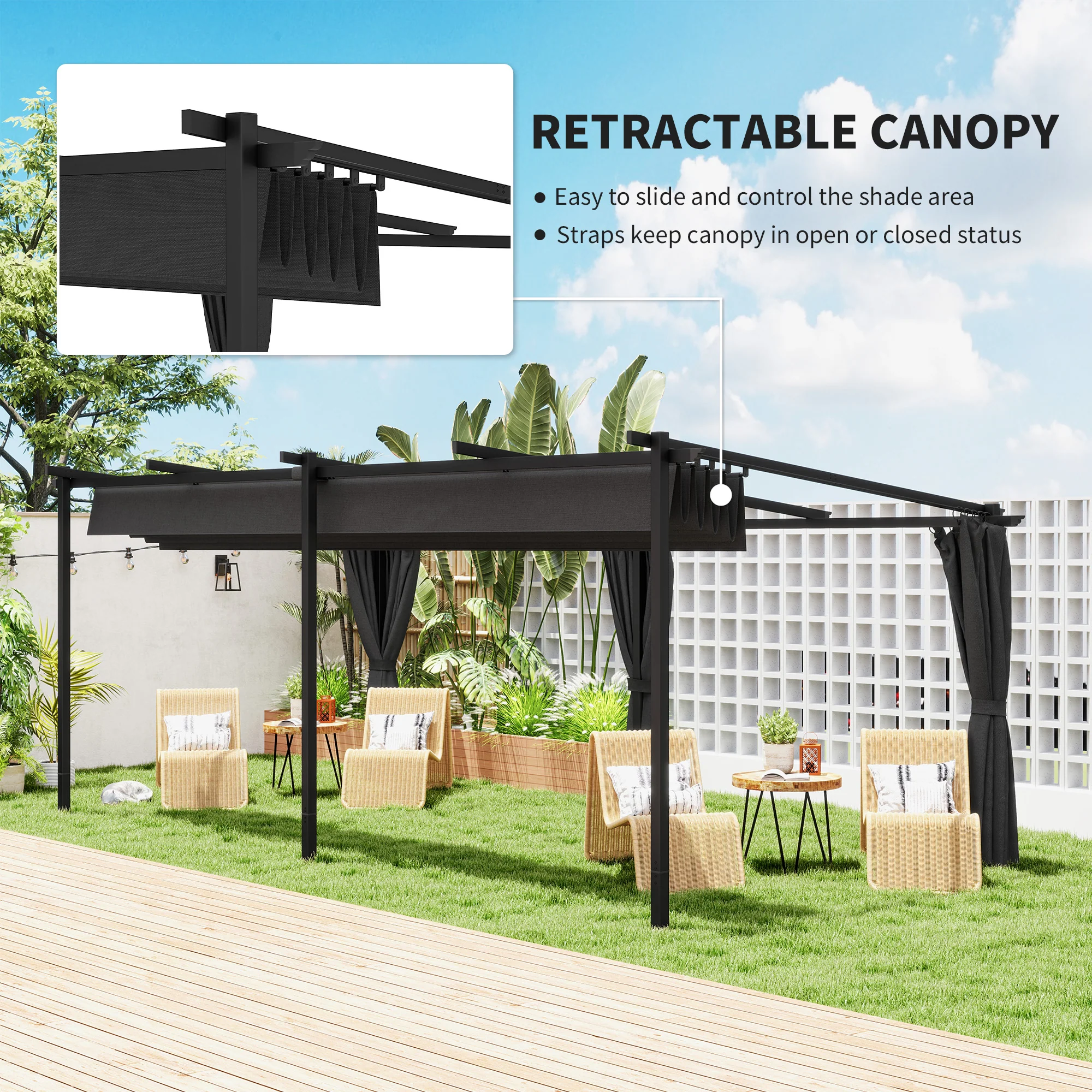 10' x 20' Retractable Pergola with Sidewalls, UPF30+, Dark Grey - Image 6