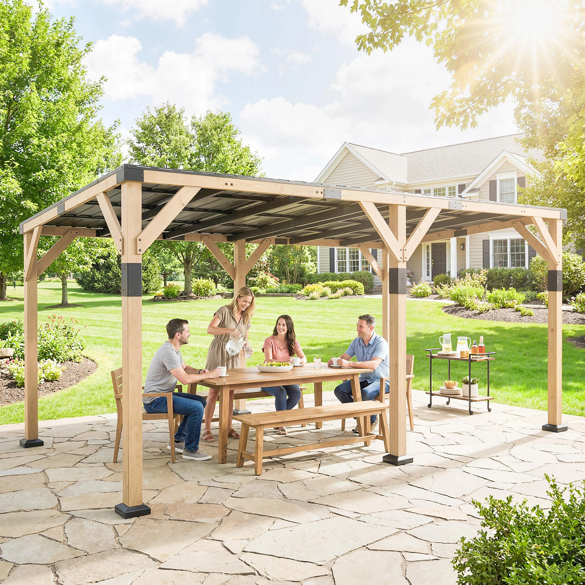 PerArbor 10' x 20' Wooden Lean-to Gazebo with Galvanized Steel Sloped Roof, Light Walnut - Image 10