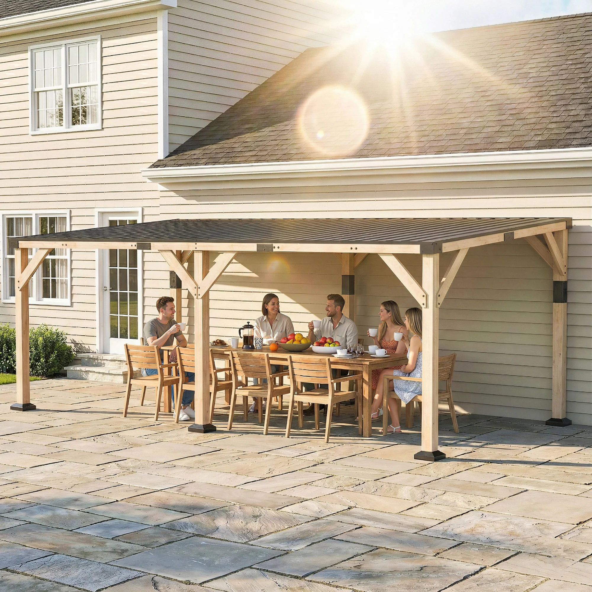 PerArbor 10' x 20' Wooden Lean-to Gazebo with Galvanized Steel Sloped Roof, Light Walnut - Image 3