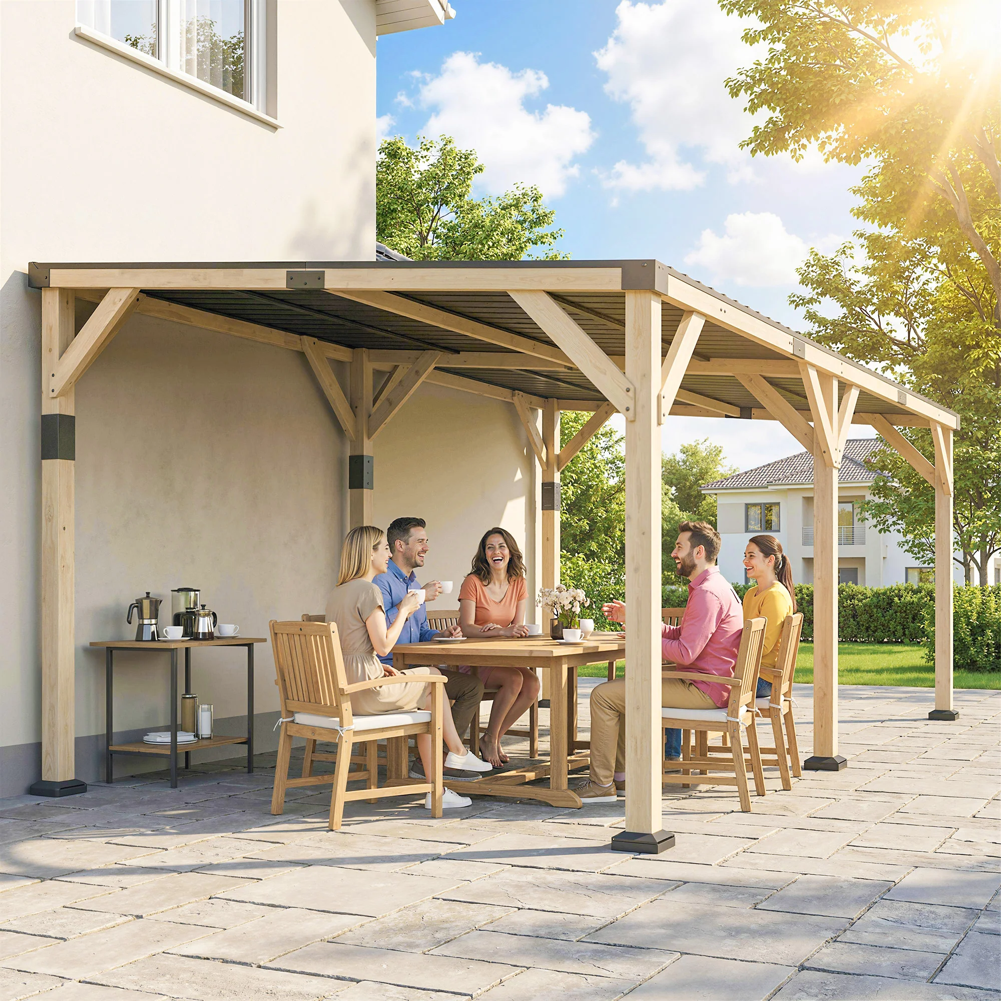 PerArbor 10' x 20' Wooden Lean-to Gazebo with Galvanized Steel Sloped Roof, Light Walnut - Image 4