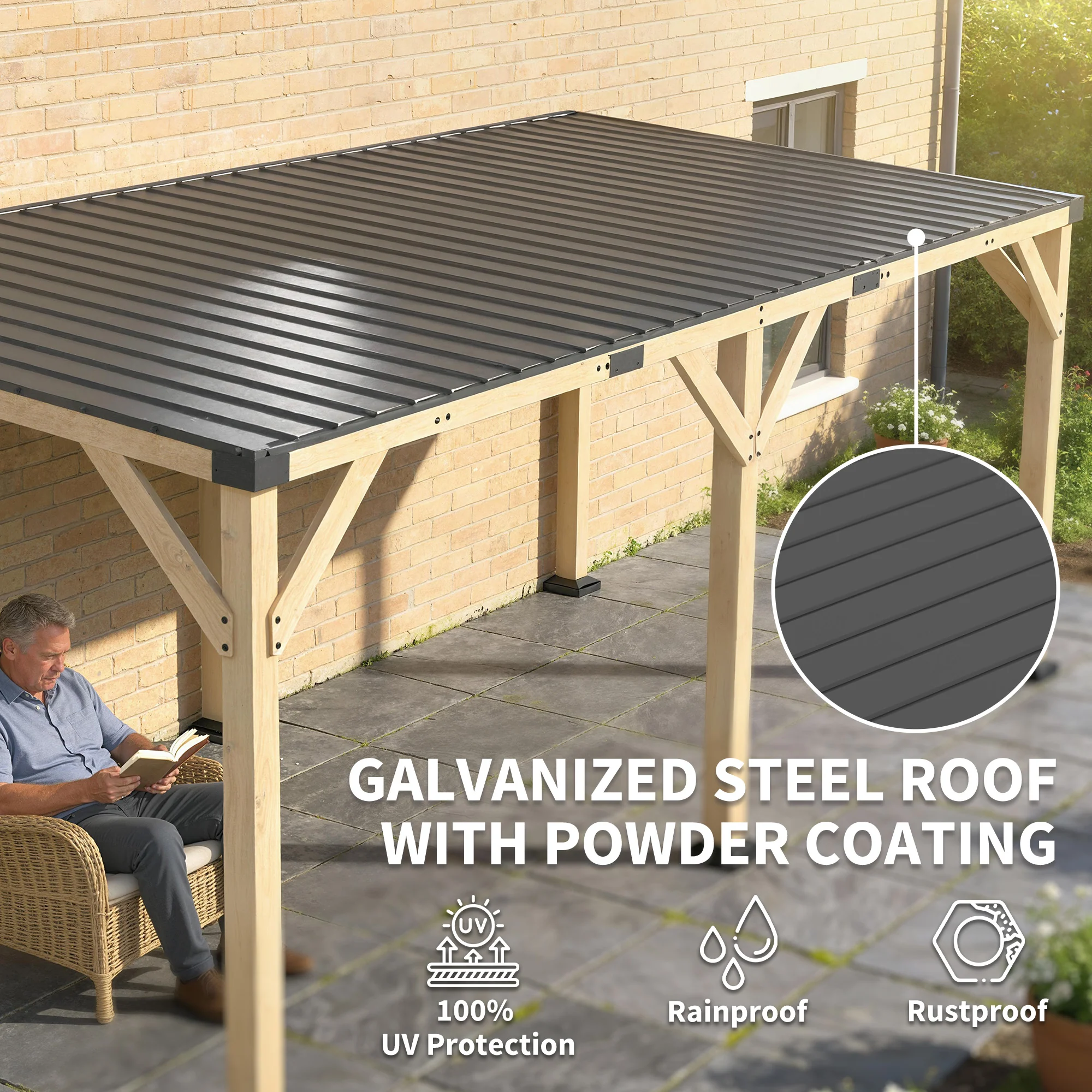 PerArbor 10' x 20' Wooden Lean-to Gazebo with Galvanized Steel Sloped Roof, Light Walnut - Image 6