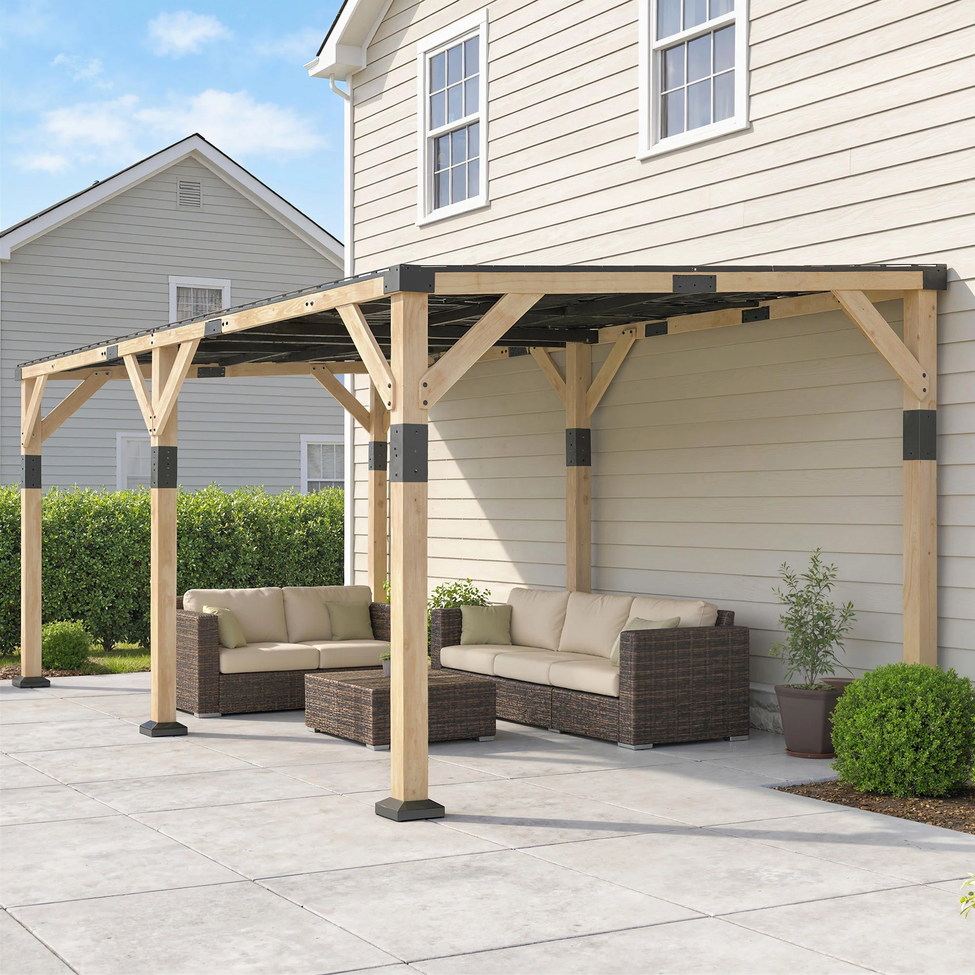 PerArbor 10' x 20' Wooden Lean-to Gazebo with Galvanized Steel Sloped Roof, Light Walnut - Image 9