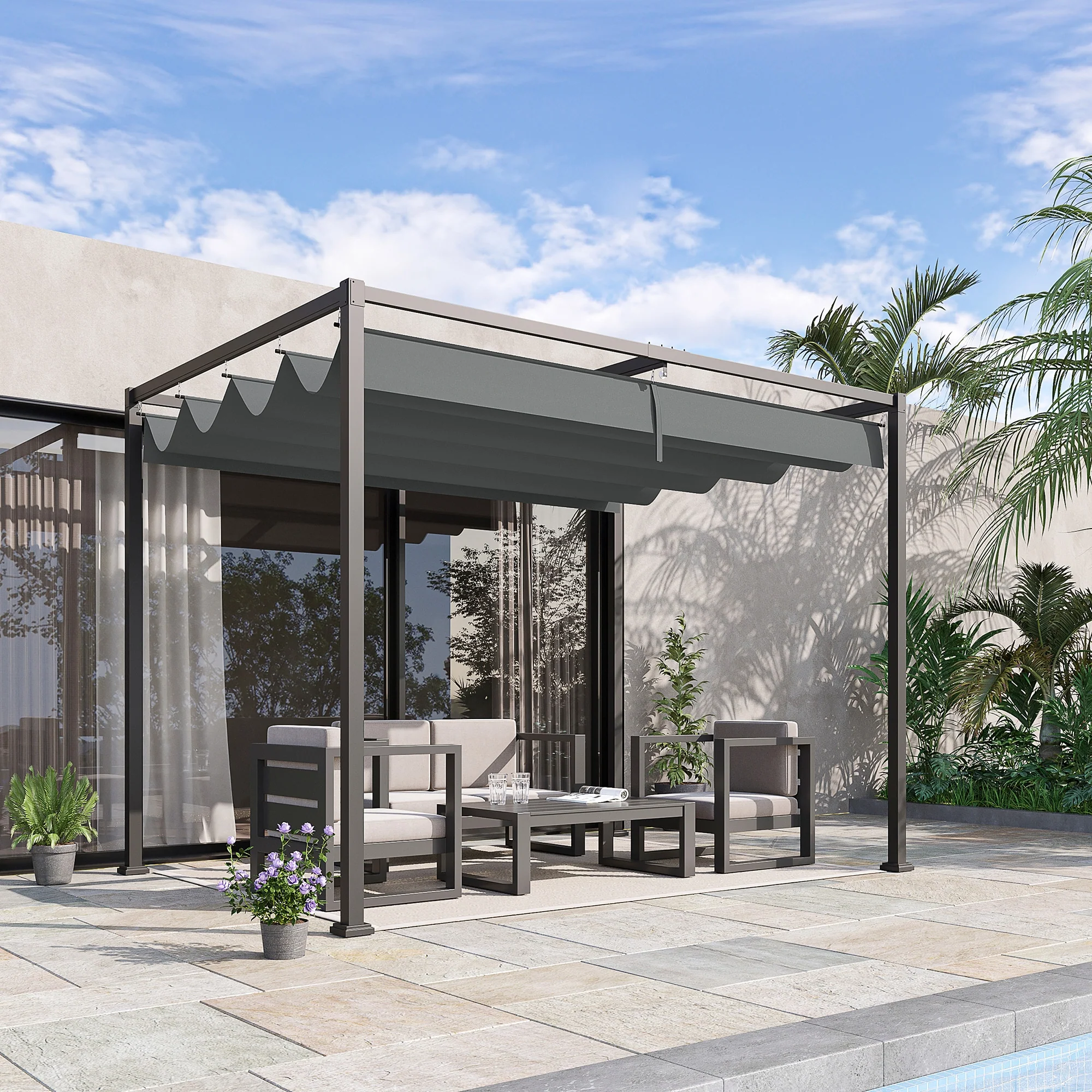 10' x 7' Retractable Pergola Canopy, Outdoor Sun Shade, Grey - Image 3