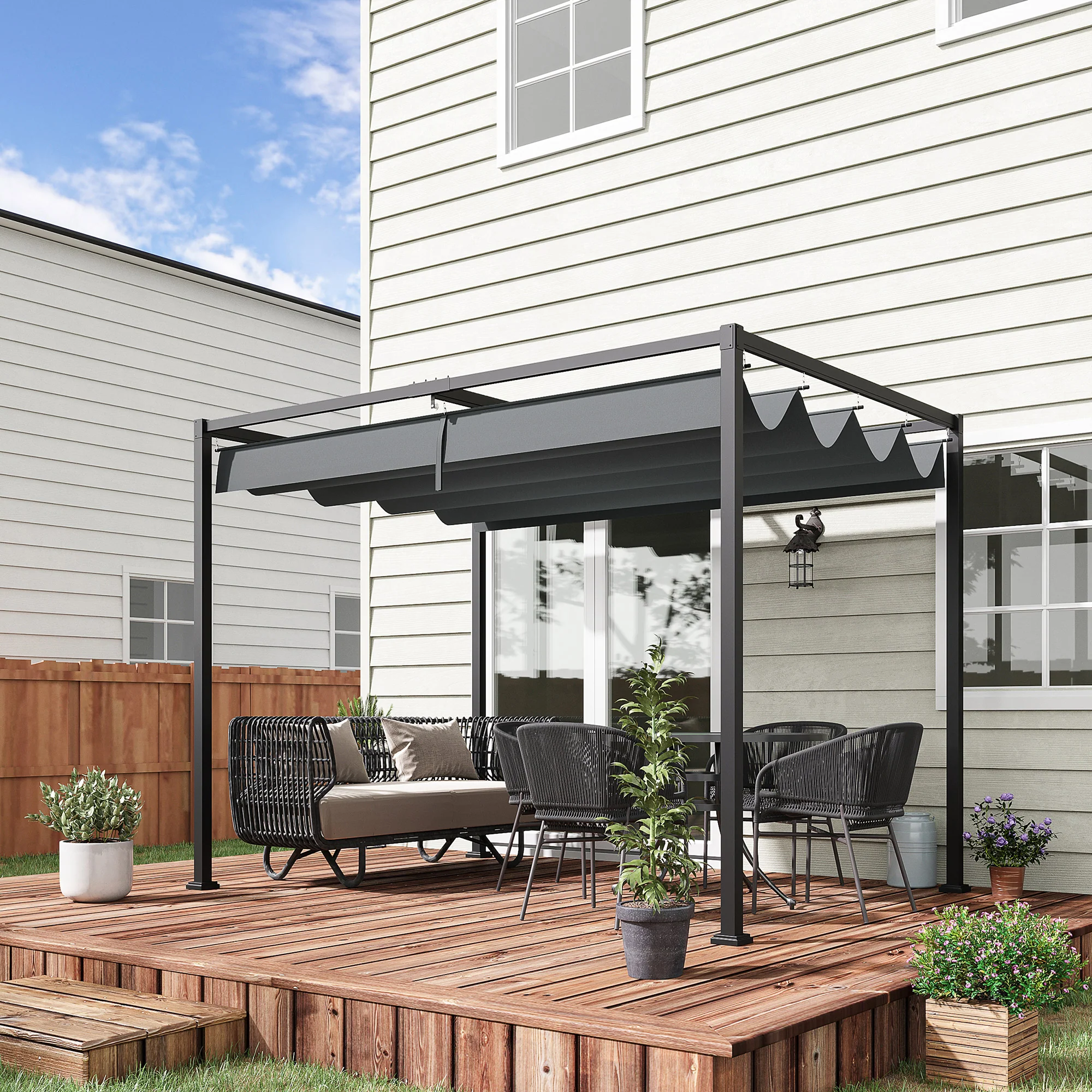 10' x 7' Retractable Pergola Canopy, Outdoor Sun Shade, Grey - Image 4