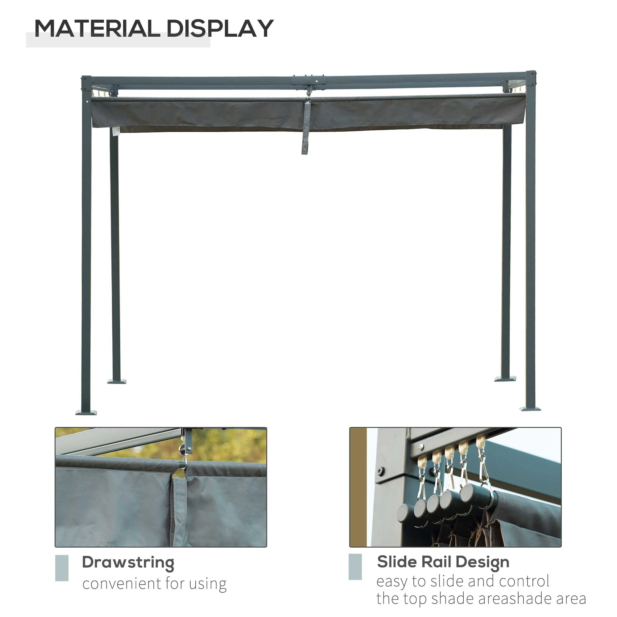 10' x 7' Retractable Pergola Canopy, Outdoor Sun Shade, Grey - Image 6