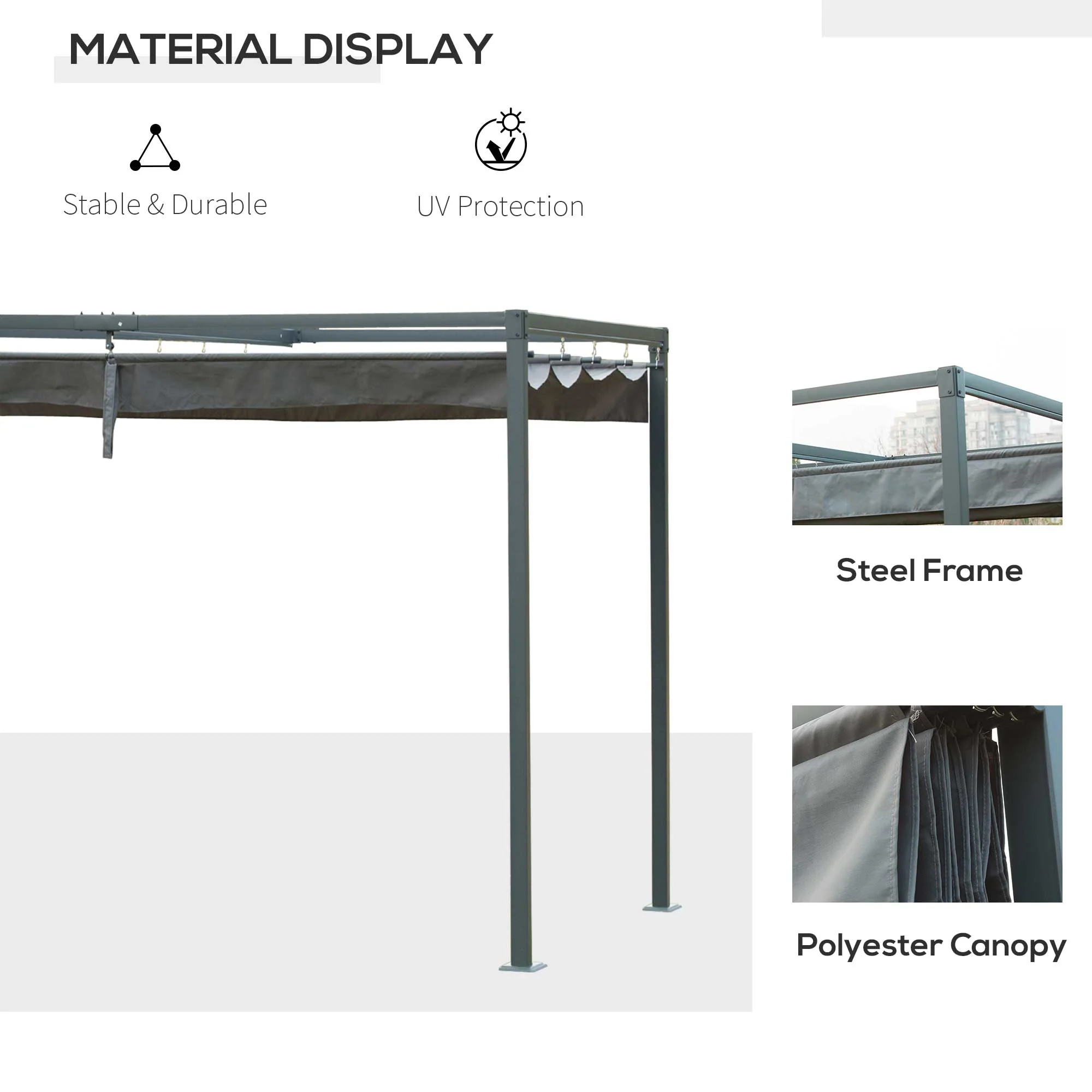 10' x 7' Retractable Pergola Canopy, Outdoor Sun Shade, Grey - Image 8
