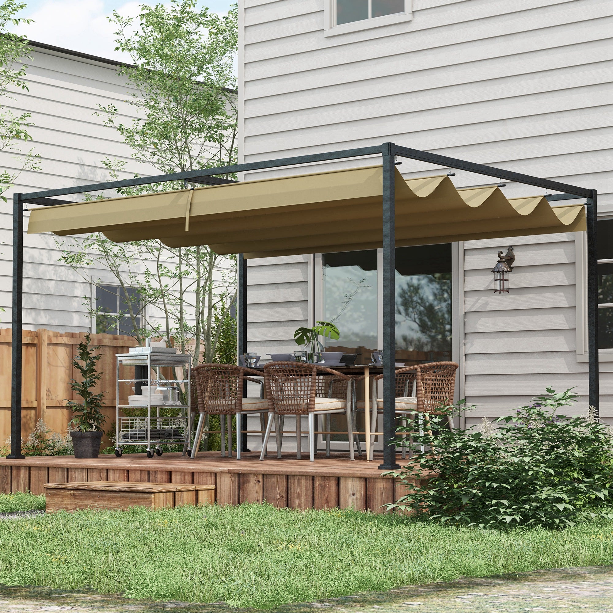 10' x 7' Retractable Pergola Canopy, Outdoor Sun Shade, Khaki - Image 3