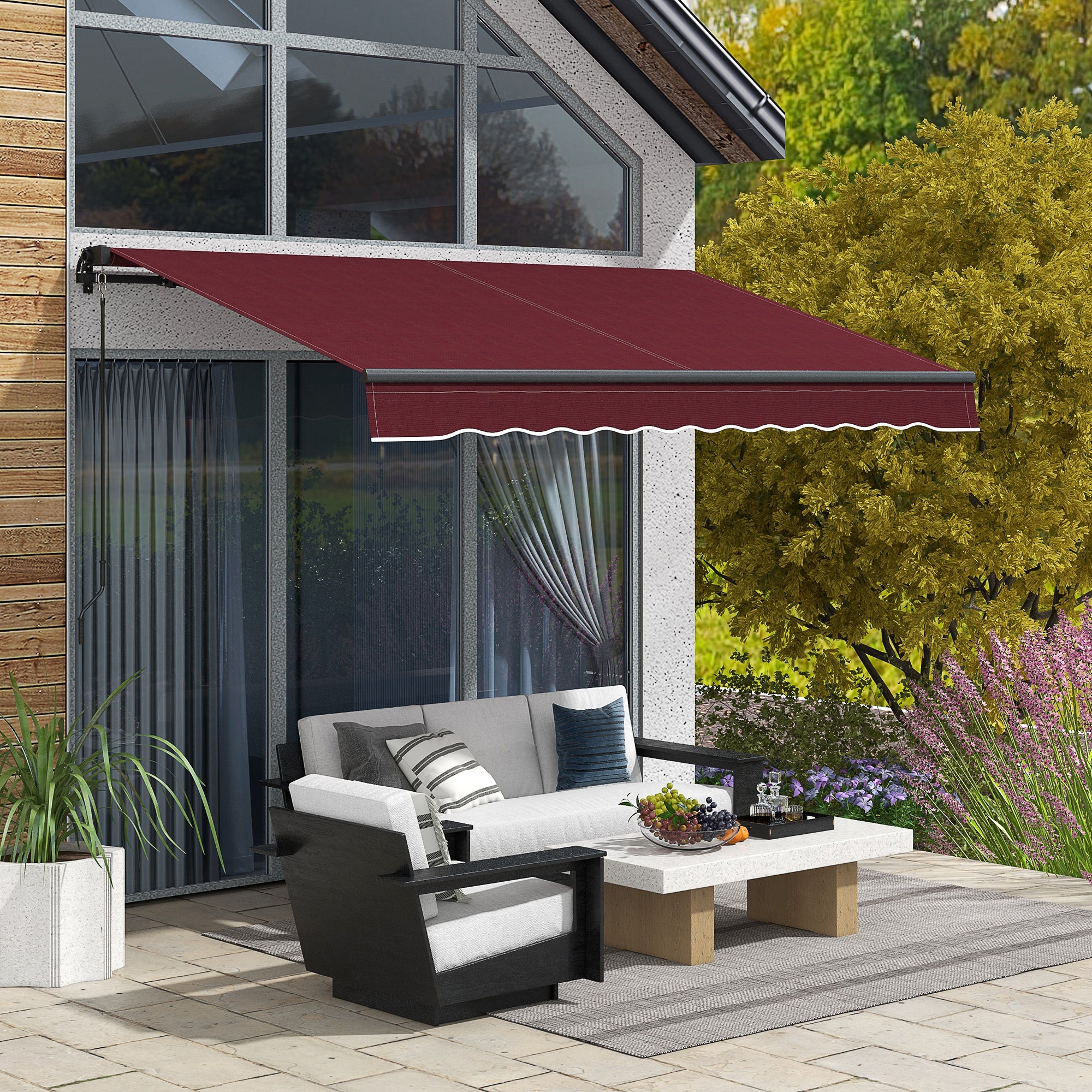 10' x 8' Retractable Awning with Manual Crank, 280gsm UV Resistant Fabric and Aluminum Frame, Wine Red - Image 3