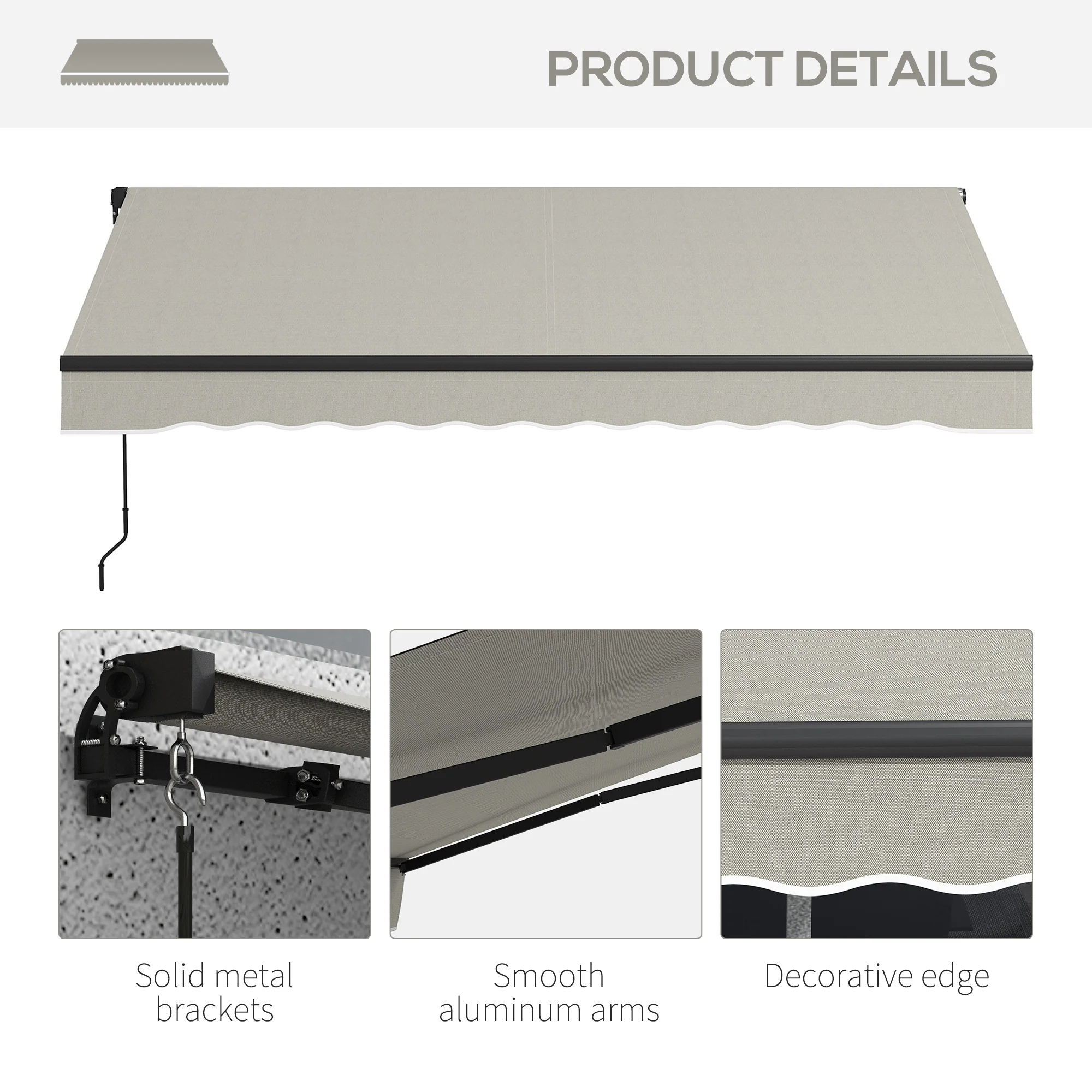 10' x 8' Retractable Awning with Manual Crank, 280gsm UV Resistant Fabric and Aluminum Frame, Light Grey - Image 10