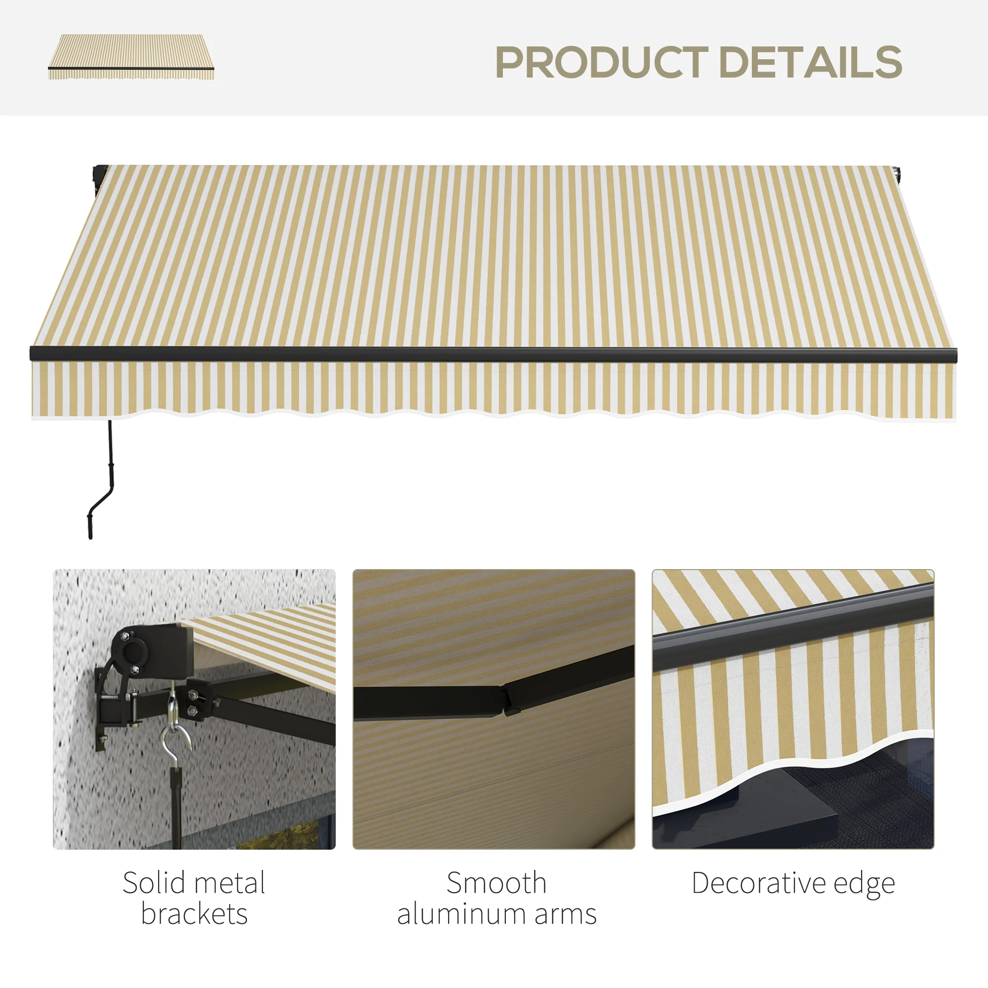 10' x 8' Retractable Awning, Patio Awning Sunshade Shelter with Manual Crank Handle, 280gsm UV Resistant Fabric and Aluminum Frame for Deck, Balcony, Yard, Beige and White - Image 10