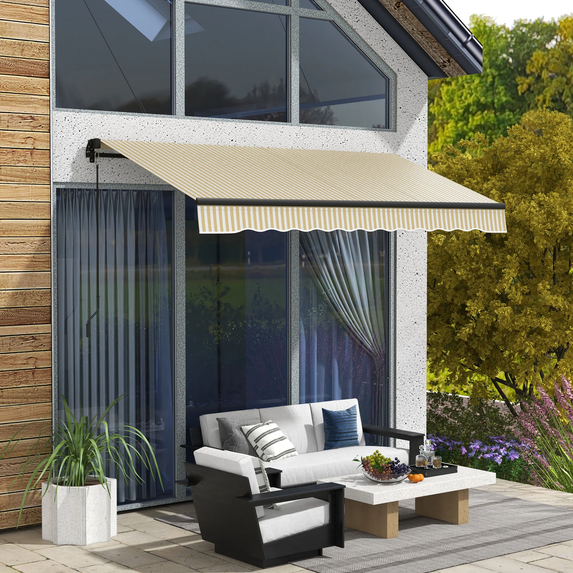 10' x 8' Retractable Awning, Patio Awning Sunshade Shelter with Manual Crank Handle, 280gsm UV Resistant Fabric and Aluminum Frame for Deck, Balcony, Yard, Beige and White - Image 3