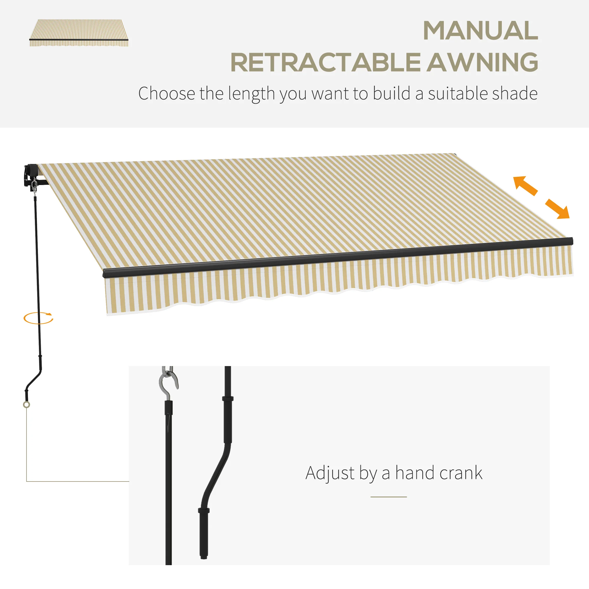 10' x 8' Retractable Awning, Patio Awning Sunshade Shelter with Manual Crank Handle, 280gsm UV Resistant Fabric and Aluminum Frame for Deck, Balcony, Yard, Beige and White - Image 6