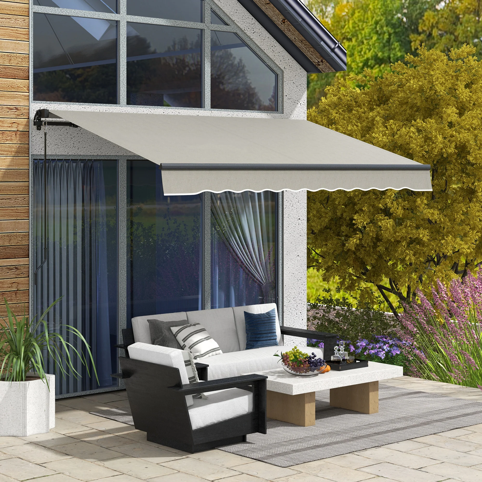 10' x 8' Retractable Awning with Manual Crank, 280gsm UV Resistant Fabric and Aluminum Frame, Light Grey - Image 3