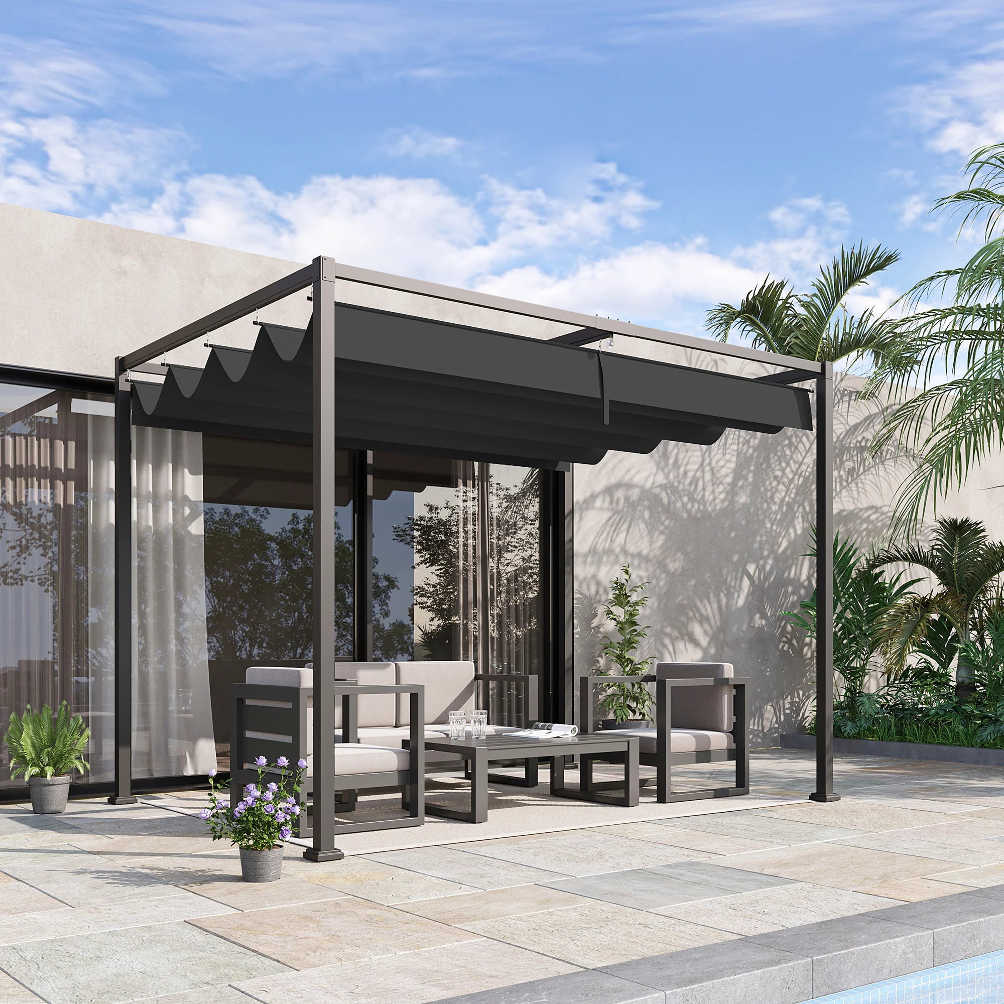 10' x 7' Retractable Pergola Canopy, Outdoor Sun Shade, Black - Image 3