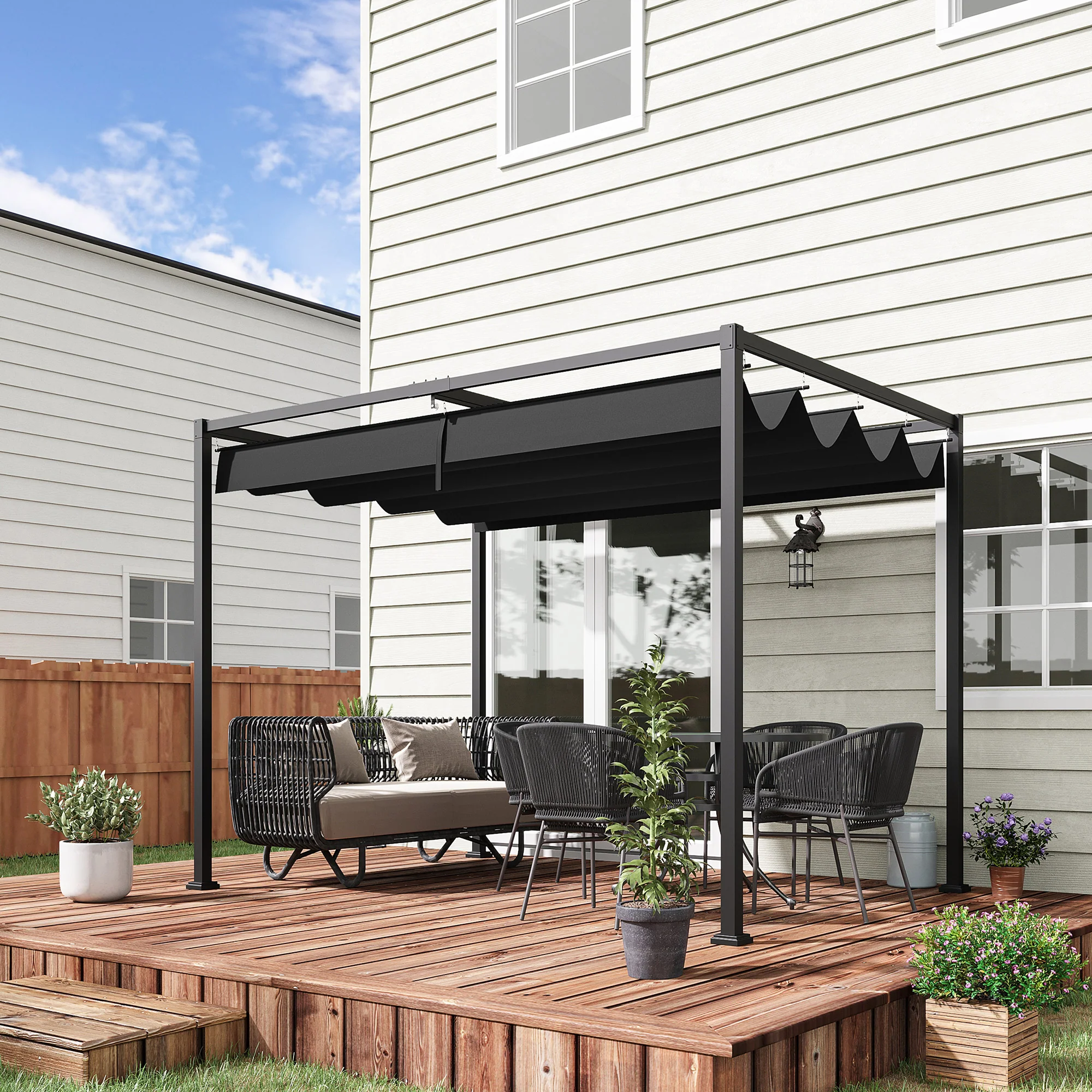 10' x 7' Retractable Pergola Canopy, Outdoor Sun Shade, Black - Image 4