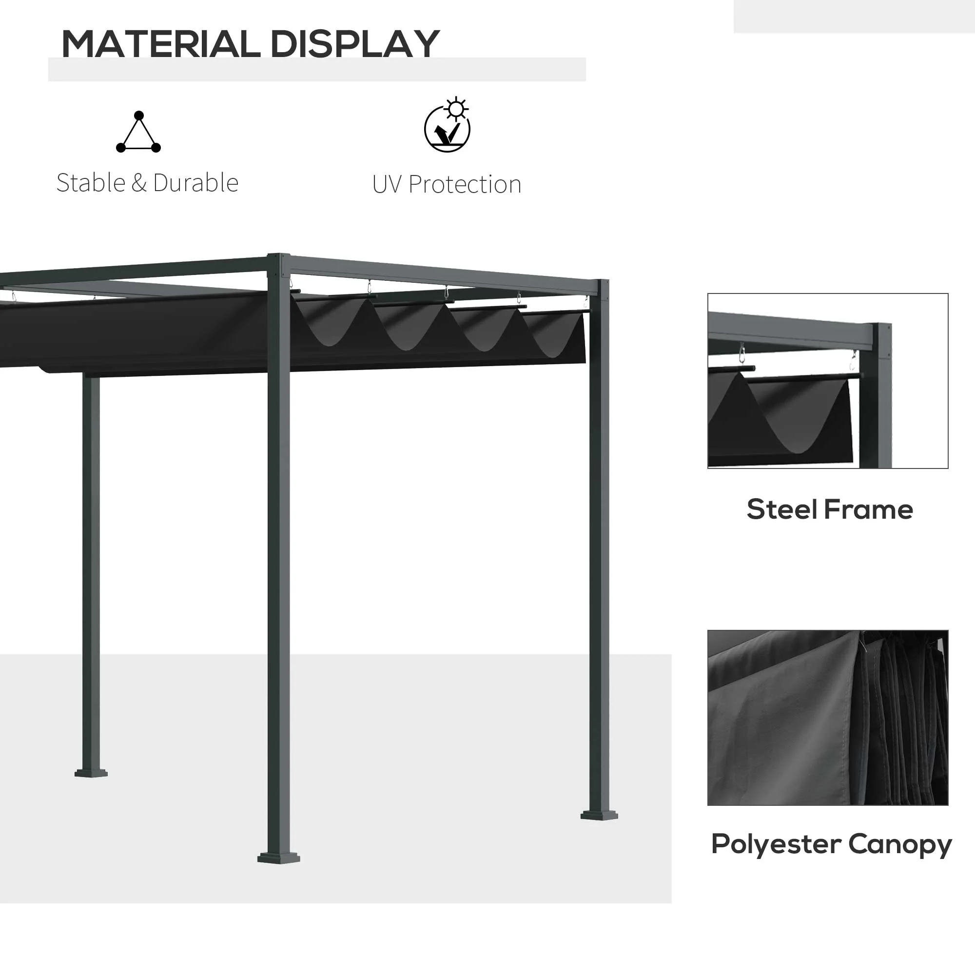 10' x 7' Retractable Pergola Canopy, Outdoor Sun Shade, Black - Image 6