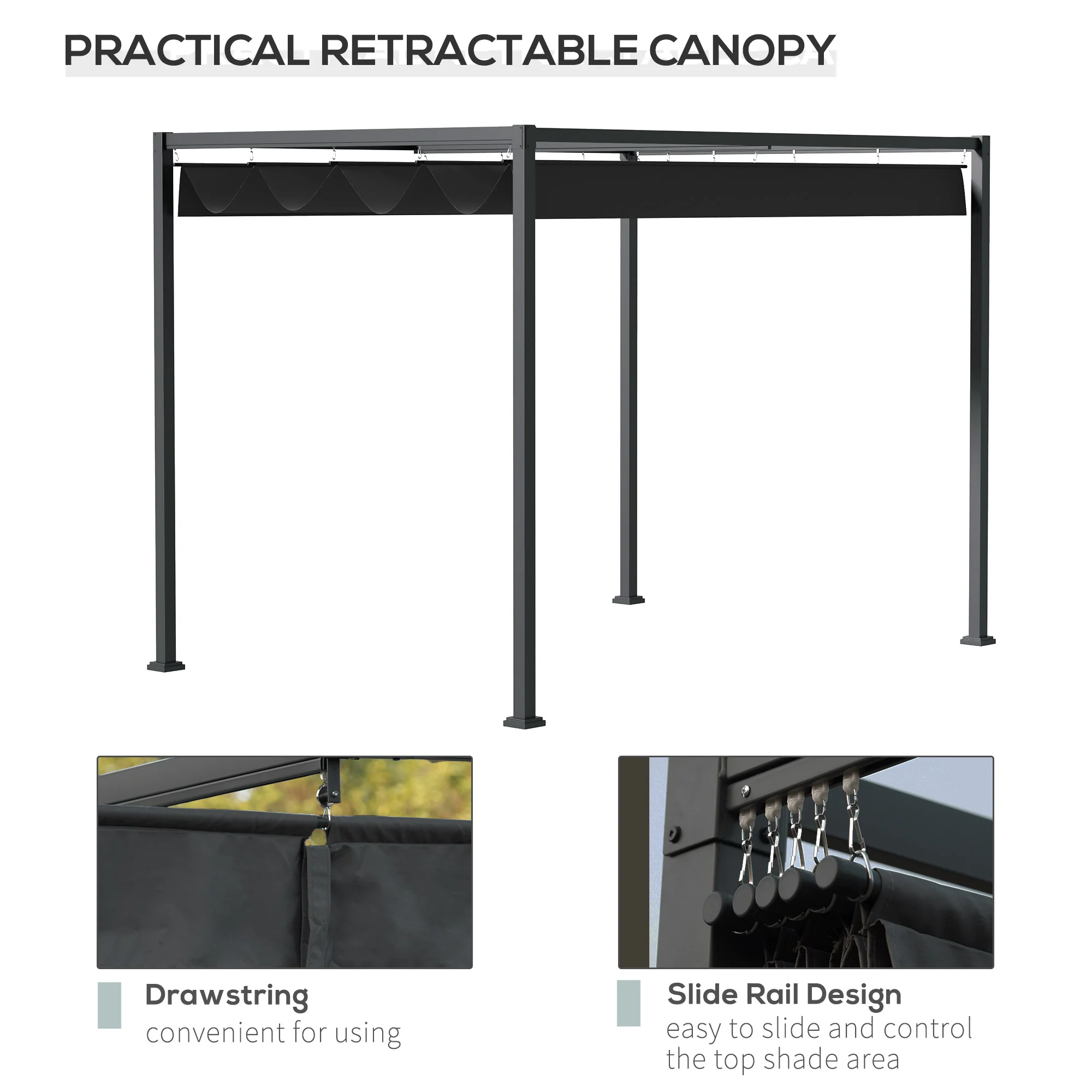 10' x 7' Retractable Pergola Canopy, Outdoor Sun Shade, Black - Image 7